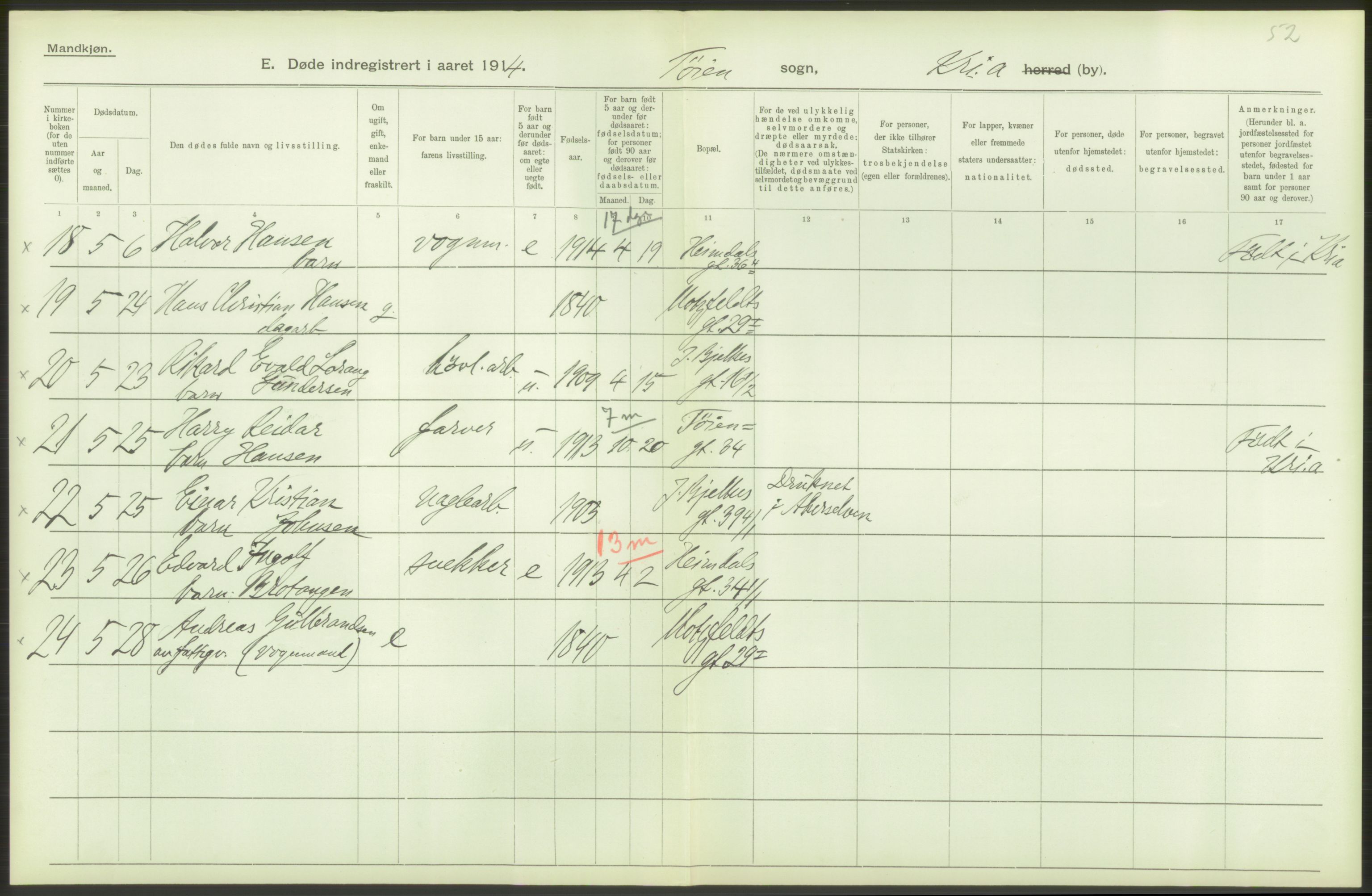 Statistisk sentralbyrå, Sosiodemografiske emner, Befolkning, AV/RA-S-2228/D/Df/Dfb/Dfbd/L0008: Kristiania: Døde, 1914, p. 82