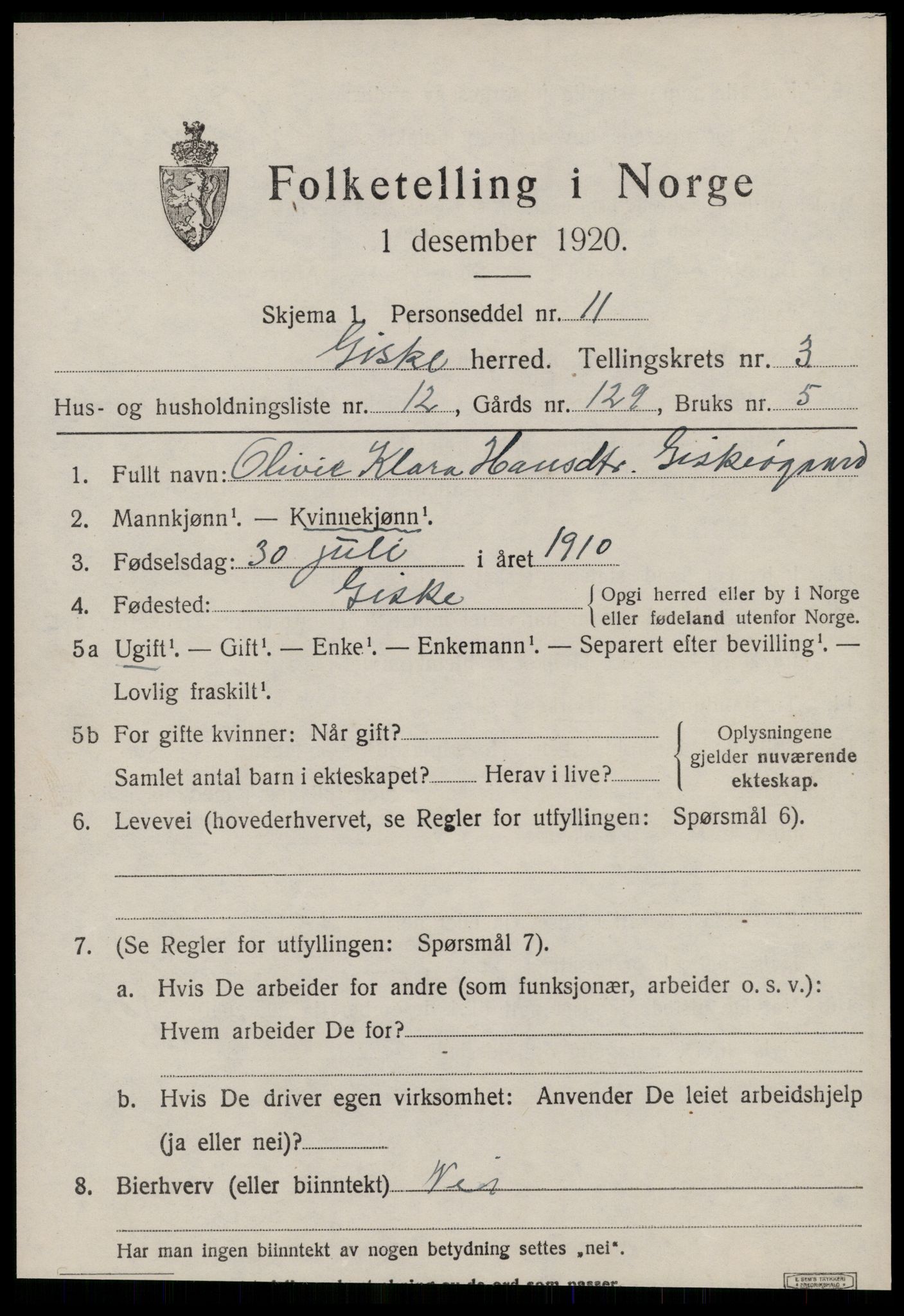 SAT, 1920 census for Giske, 1920, p. 1906