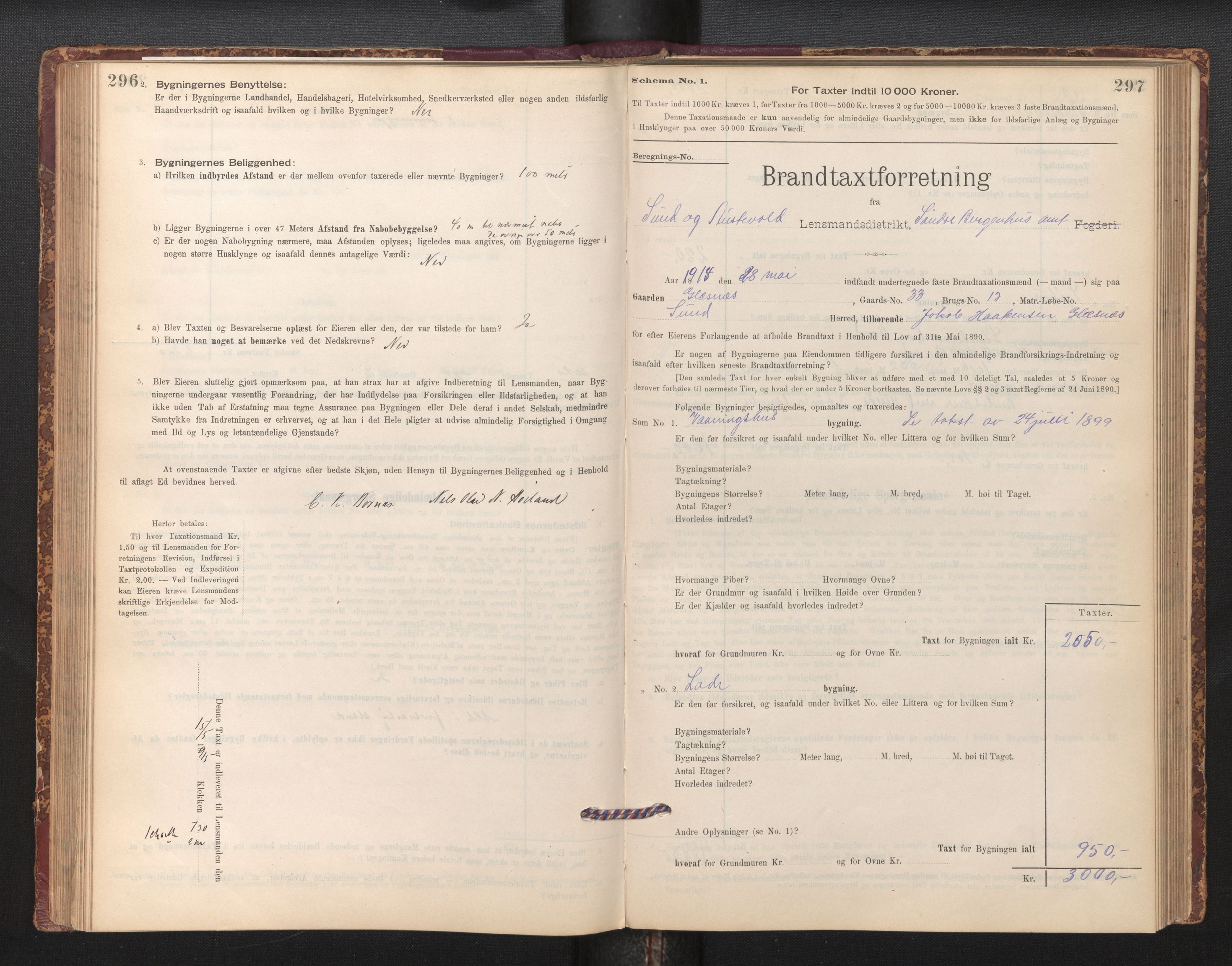 Lensmannen i Sund og Austevoll, AV/SAB-A-35201/0012/L0003: Branntakstprotokoll, skjematakst, 1894-1917, p. 296-297