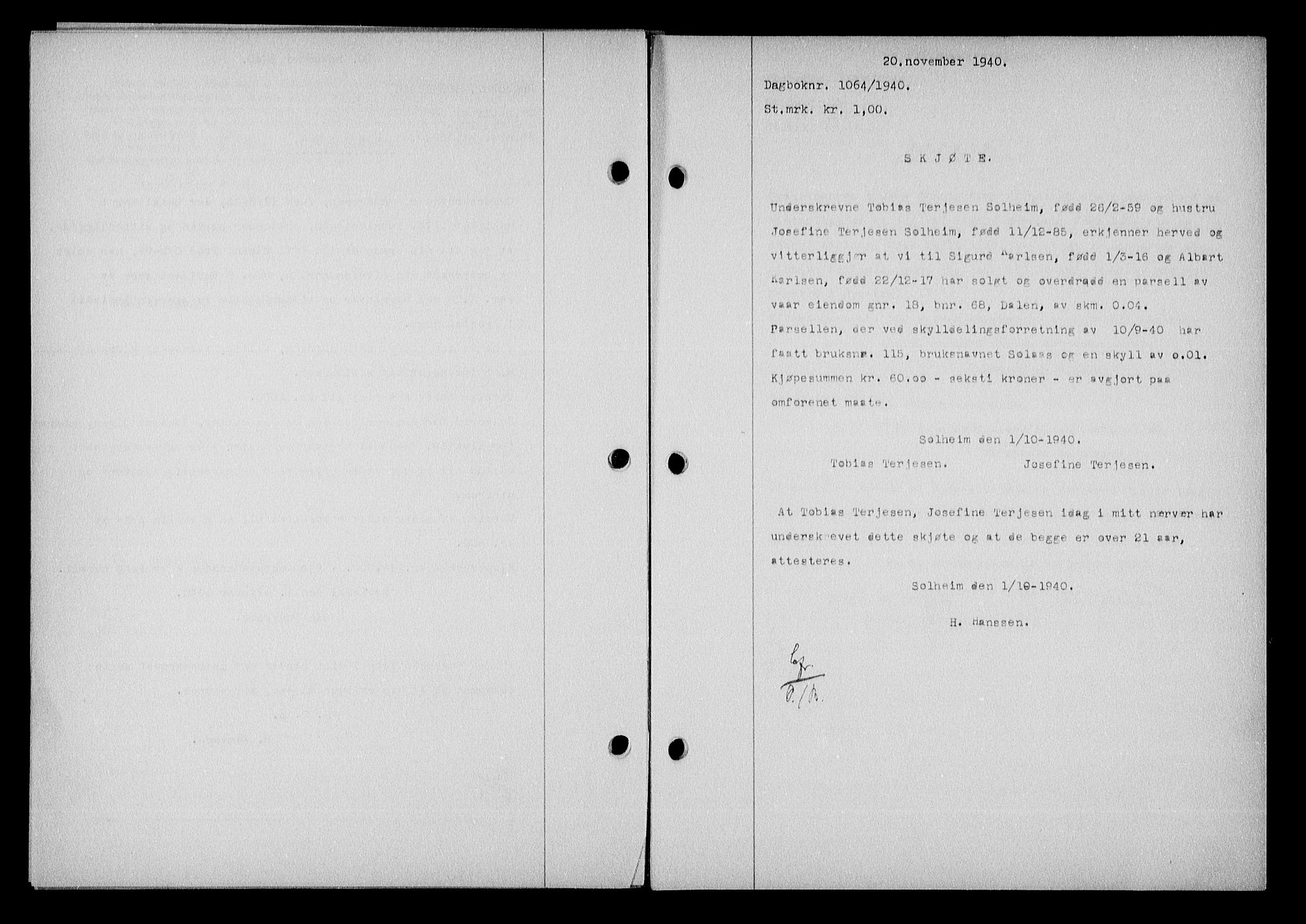 Nedenes sorenskriveri, SAK/1221-0006/G/Gb/Gba/L0048: Mortgage book no. A-II, 1940-1941, Diary no: : 1064/1940