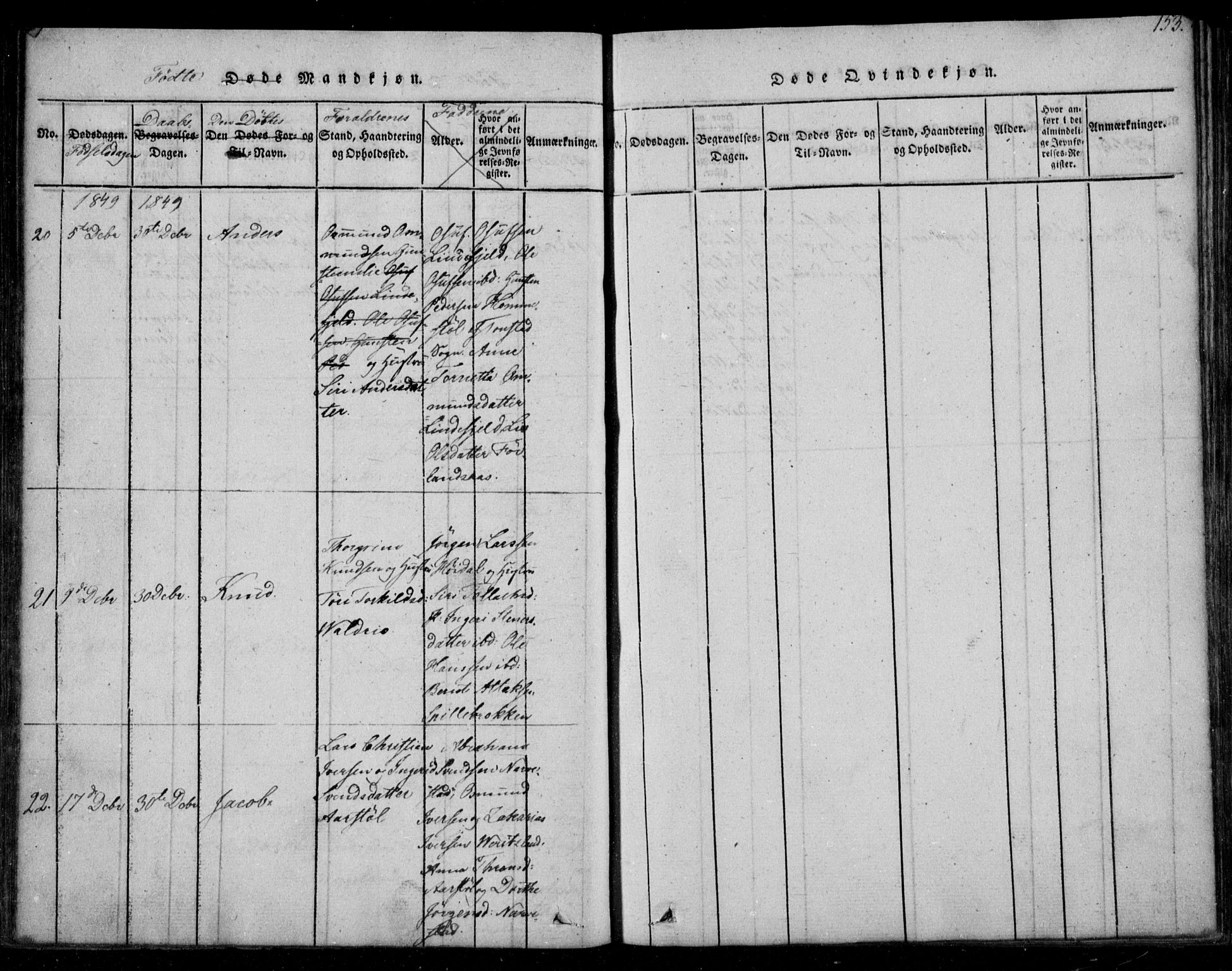 Fjotland sokneprestkontor, AV/SAK-1111-0010/F/Fb/L0001: Parish register (copy) no. B 1, 1816-1849, p. 153