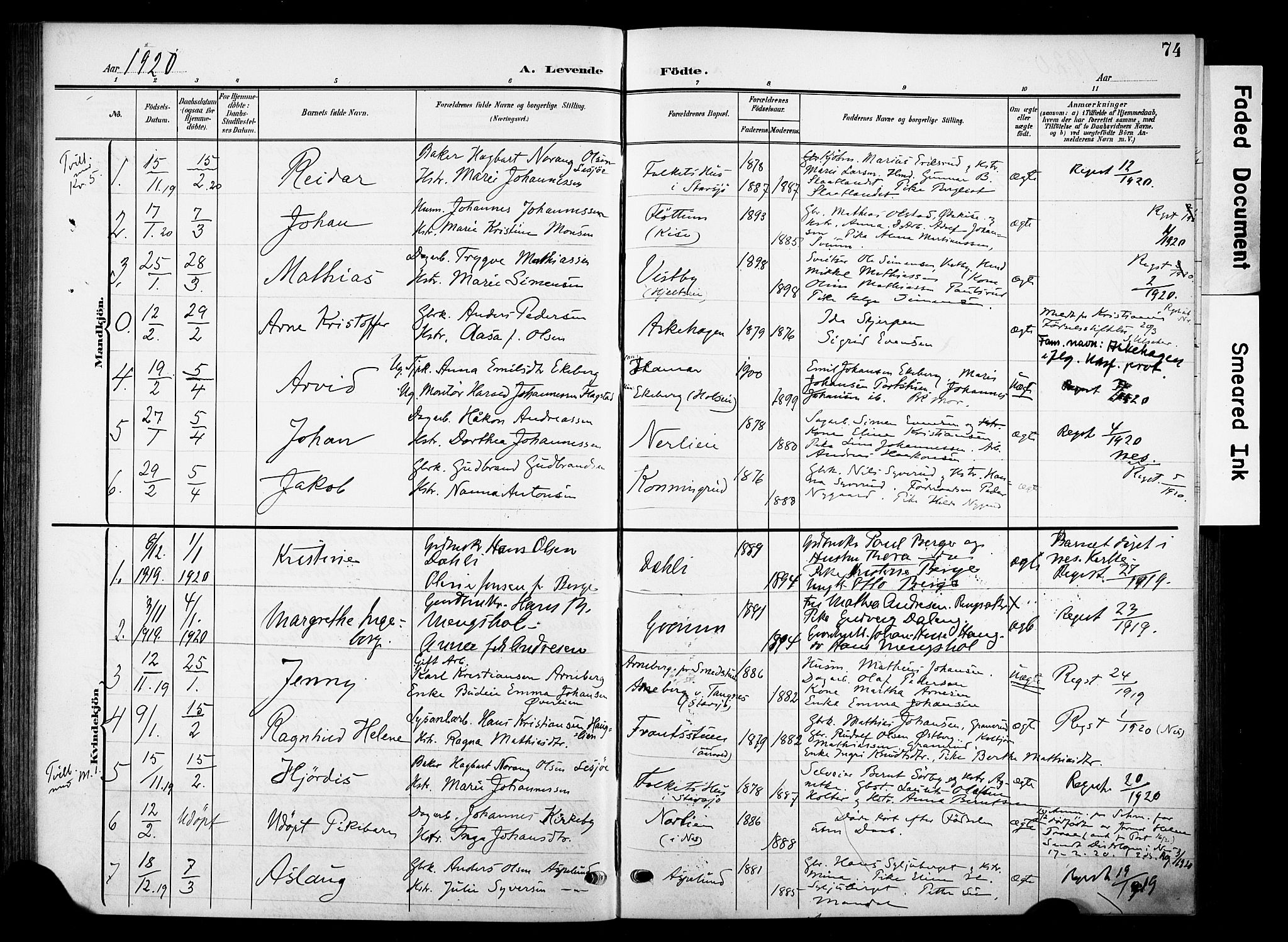 Nes prestekontor, Hedmark, SAH/PREST-020/K/Ka/L0013: Parish register (official) no. 13, 1906-1924, p. 74