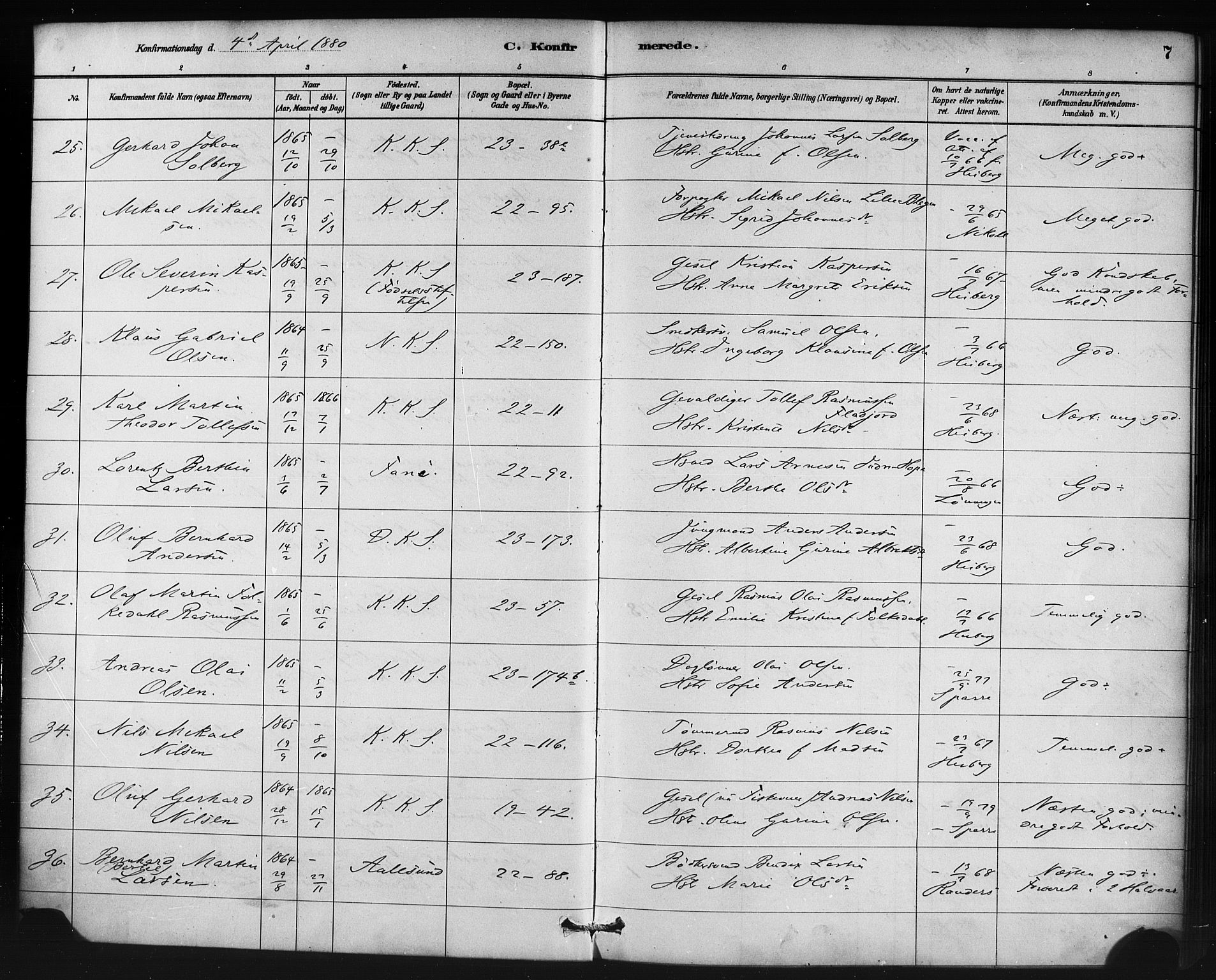 Korskirken sokneprestembete, AV/SAB-A-76101/H/Haa/L0029: Parish register (official) no. C 5, 1880-1892, p. 7