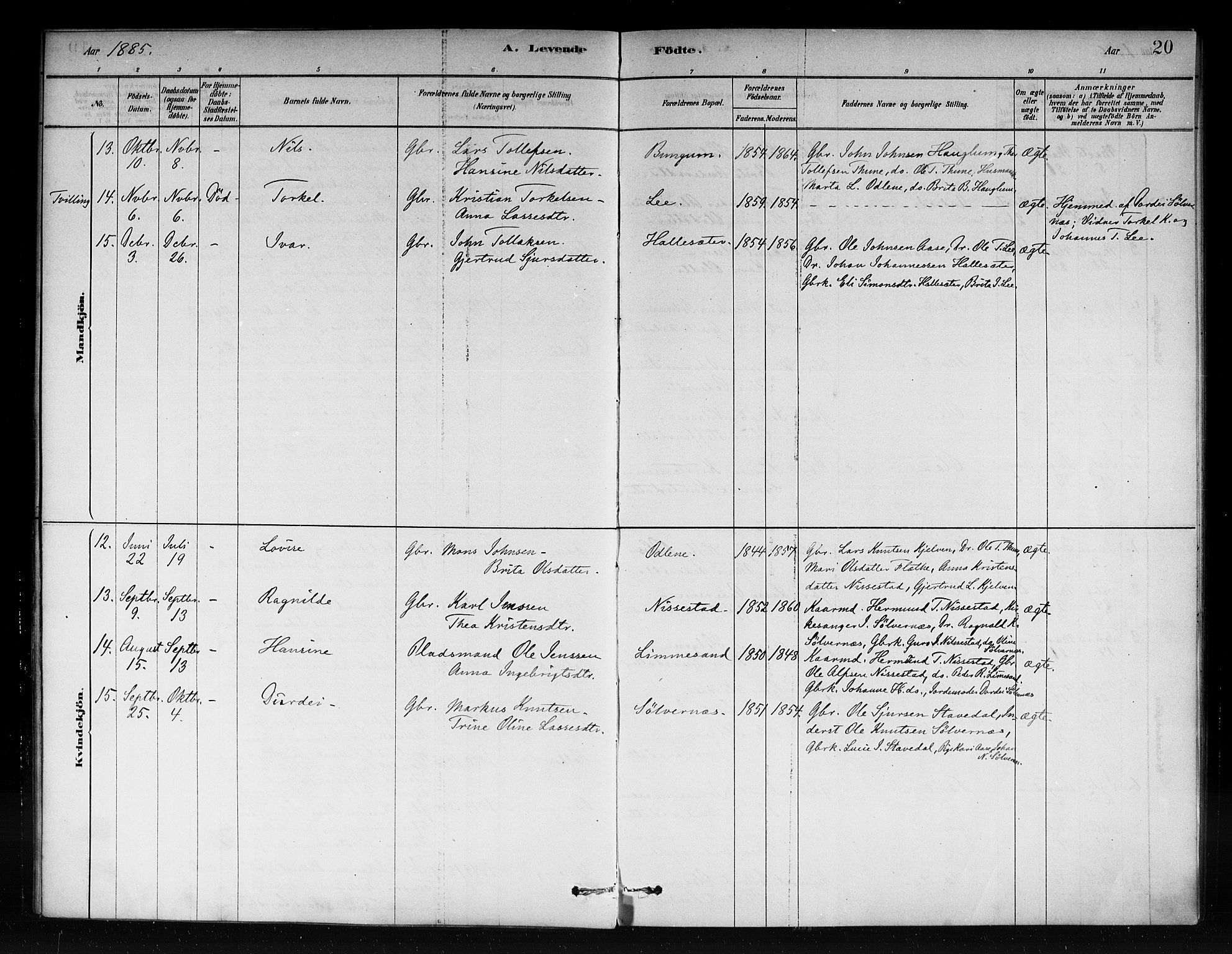 Vik sokneprestembete, AV/SAB-A-81501/H/Haa/Haac/L0001: Parish register (official) no. C 1, 1878-1890, p. 20