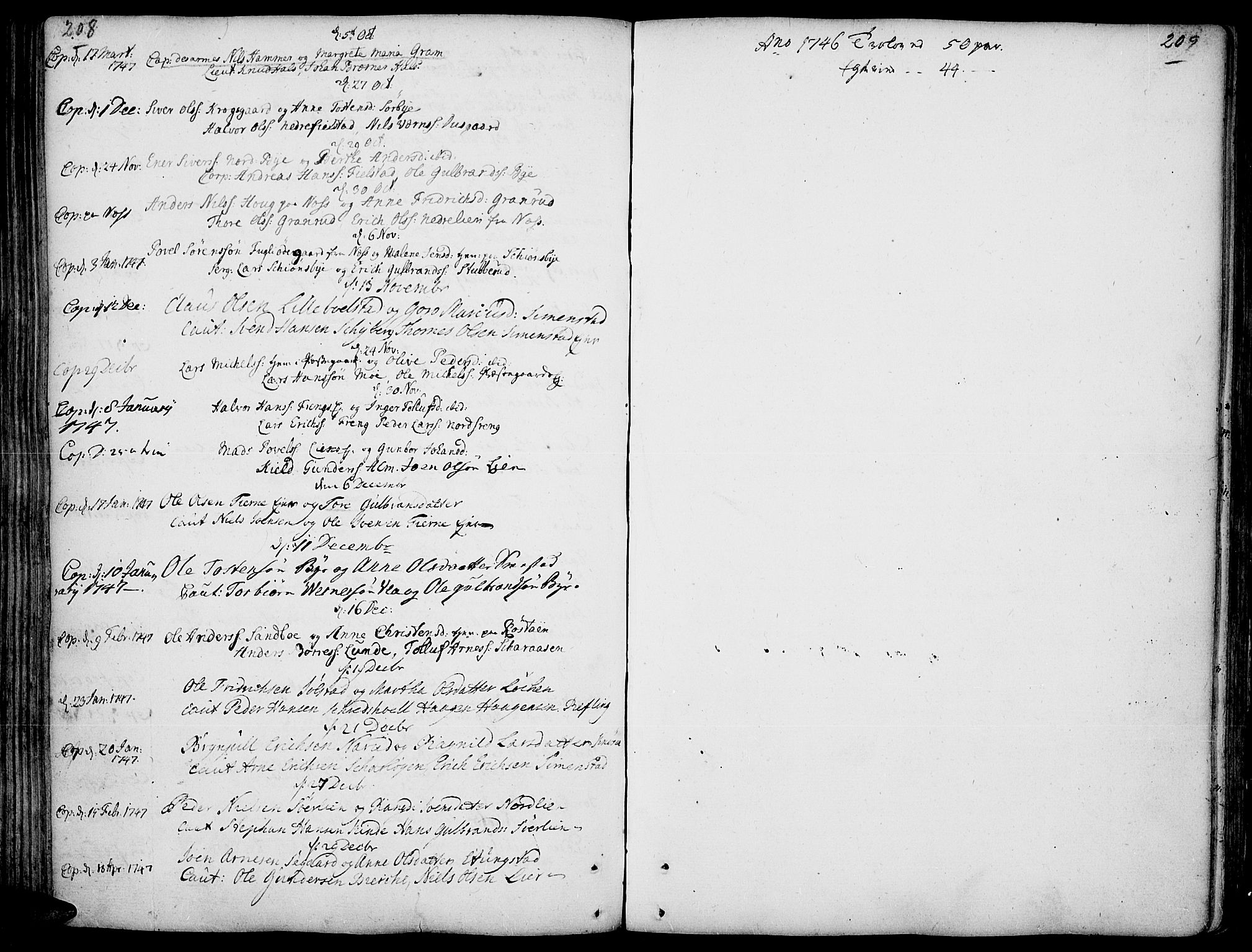 Ringsaker prestekontor, SAH/PREST-014/K/Ka/L0001: Parish register (official) no. 1, 1734-1746, p. 208-209