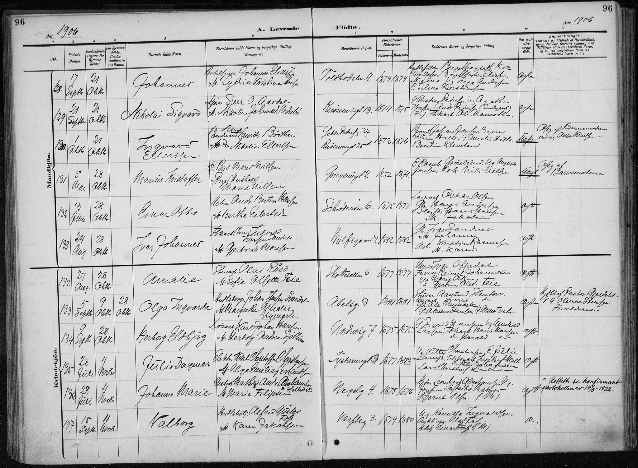 Nykirken Sokneprestembete, AV/SAB-A-77101/H/Haa/L0019: Parish register (official) no. B 7, 1904-1916, p. 96