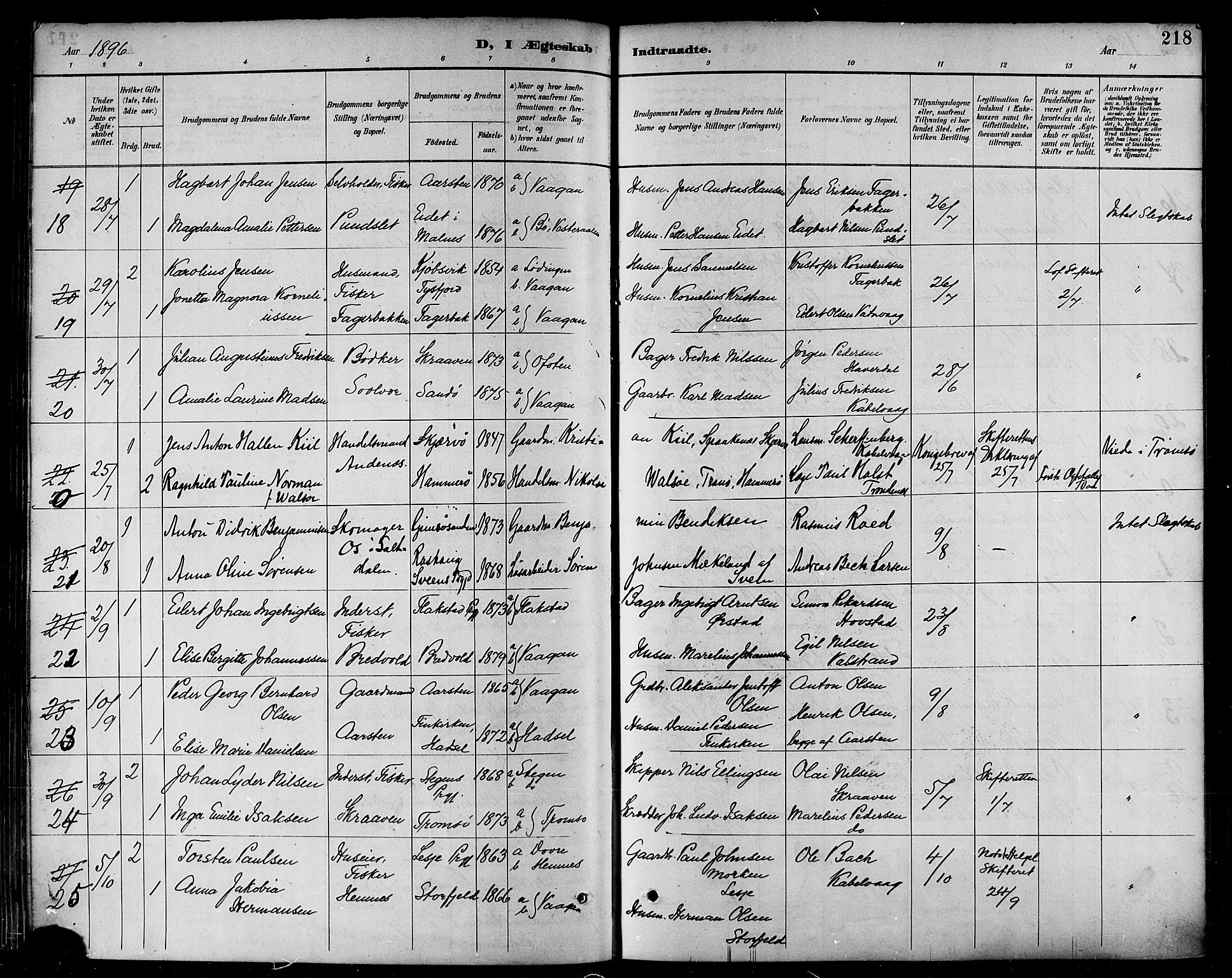 Ministerialprotokoller, klokkerbøker og fødselsregistre - Nordland, SAT/A-1459/874/L1060: Parish register (official) no. 874A04, 1890-1899, p. 218