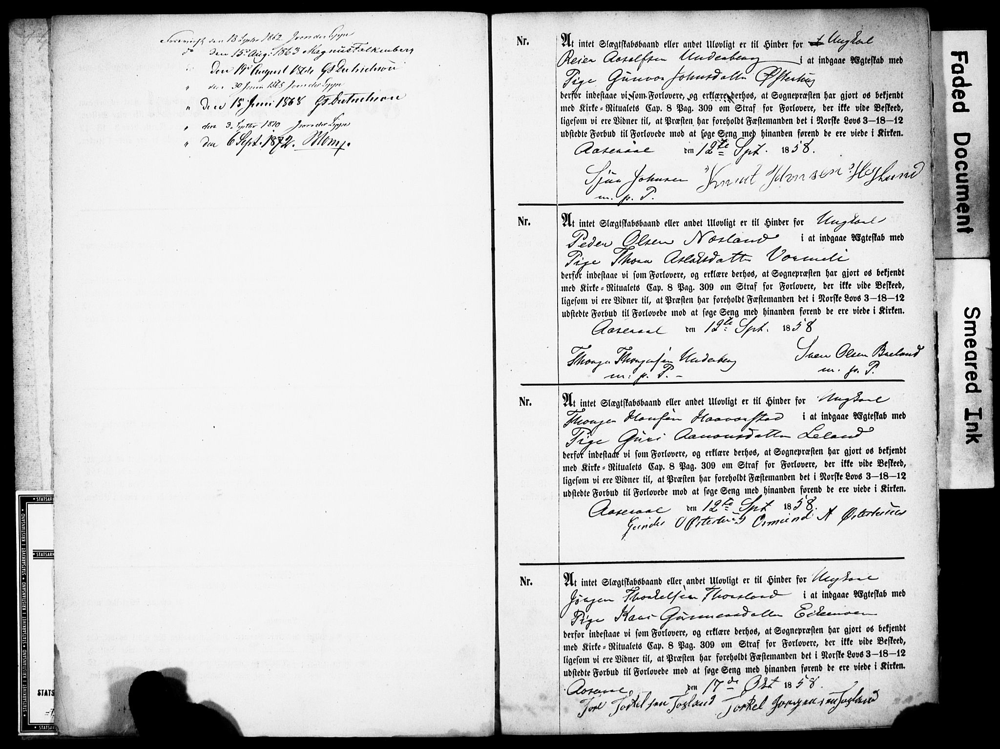 Åseral sokneprestkontor, SAK/1111-0051/F/Fe/L0001: Best man's statements no. II.5.1, 1858-1911