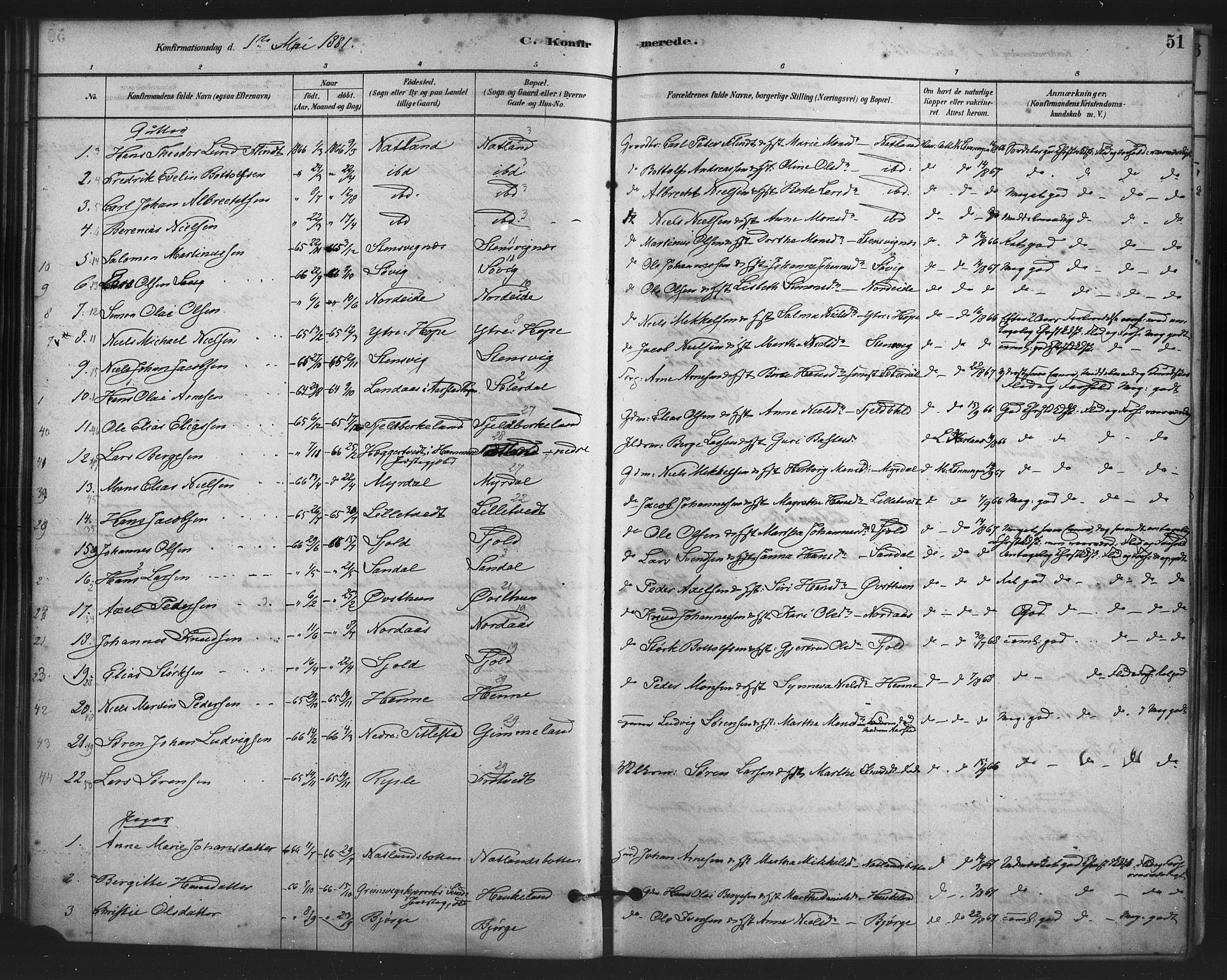 Fana Sokneprestembete, AV/SAB-A-75101/H/Haa/Haai/L0001: Parish register (official) no. I 1, 1878-1888, p. 51