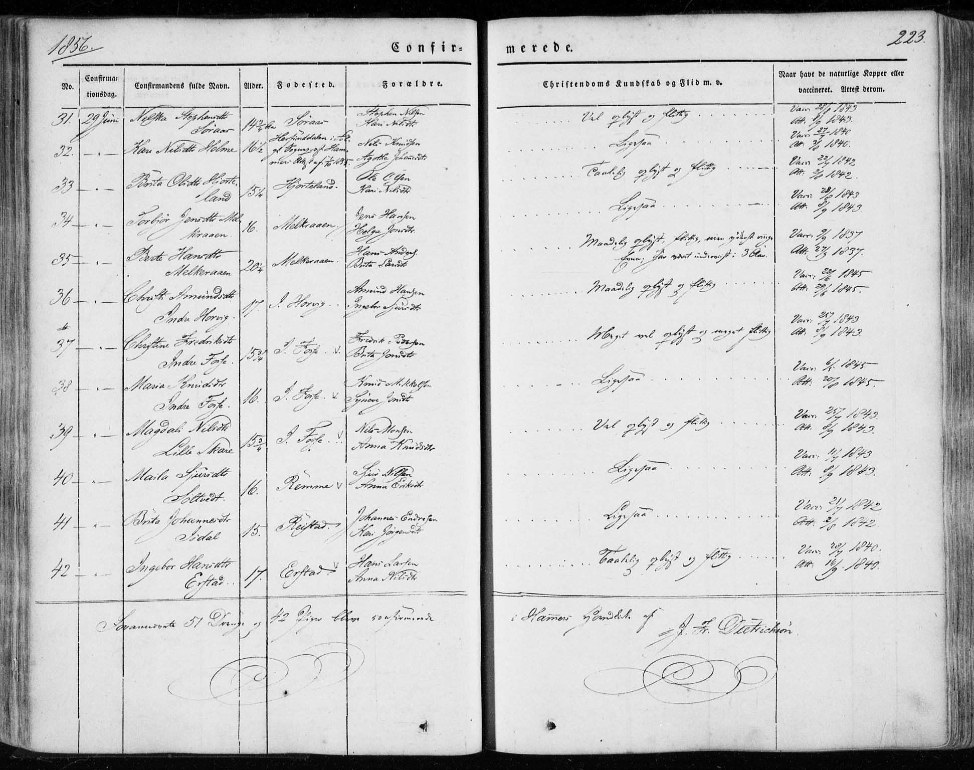 Hamre sokneprestembete, AV/SAB-A-75501/H/Ha/Haa/Haaa/L0013: Parish register (official) no. A 13, 1846-1857, p. 223