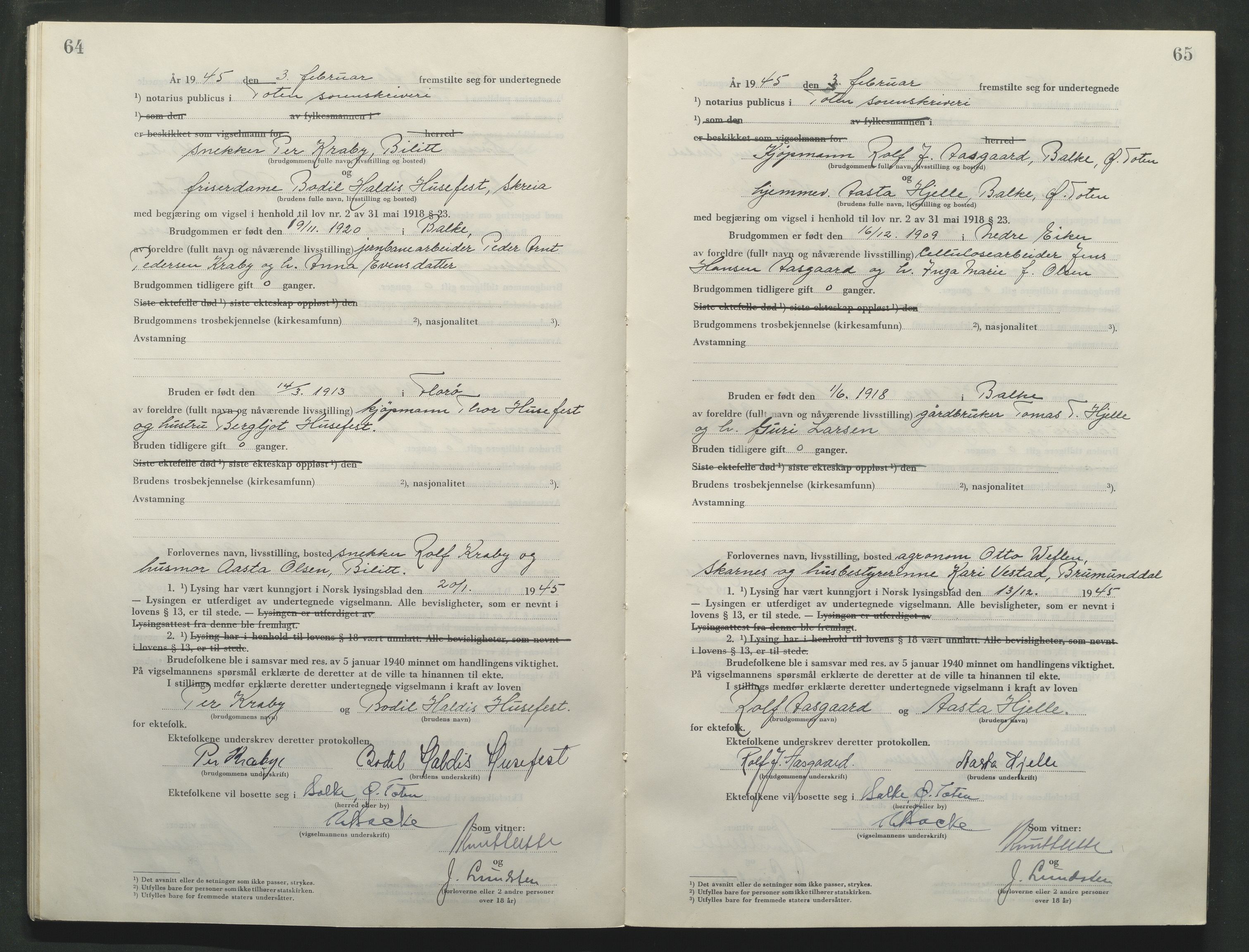 Toten tingrett, AV/SAH-TING-006/L/Lc/L0005: Vigselbok, 1944-1948, p. 64-65