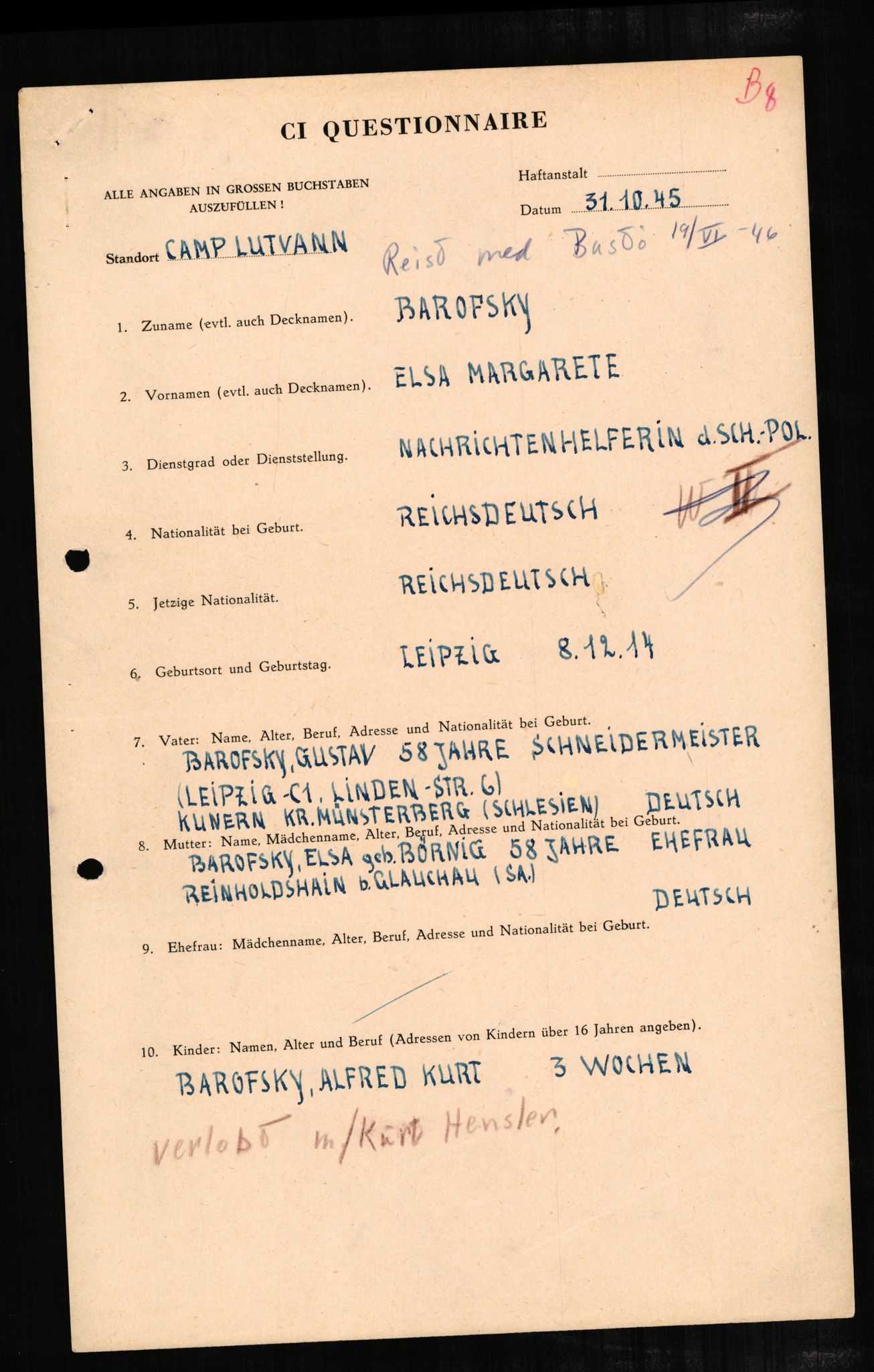 Forsvaret, Forsvarets overkommando II, RA/RAFA-3915/D/Db/L0002: CI Questionaires. Tyske okkupasjonsstyrker i Norge. Tyskere., 1945-1946, p. 88