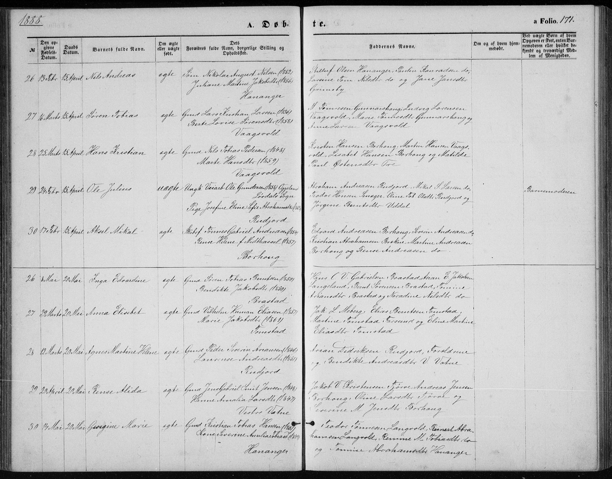 Lista sokneprestkontor, AV/SAK-1111-0027/F/Fb/L0004: Parish register (copy) no. B 4, 1877-1891, p. 171