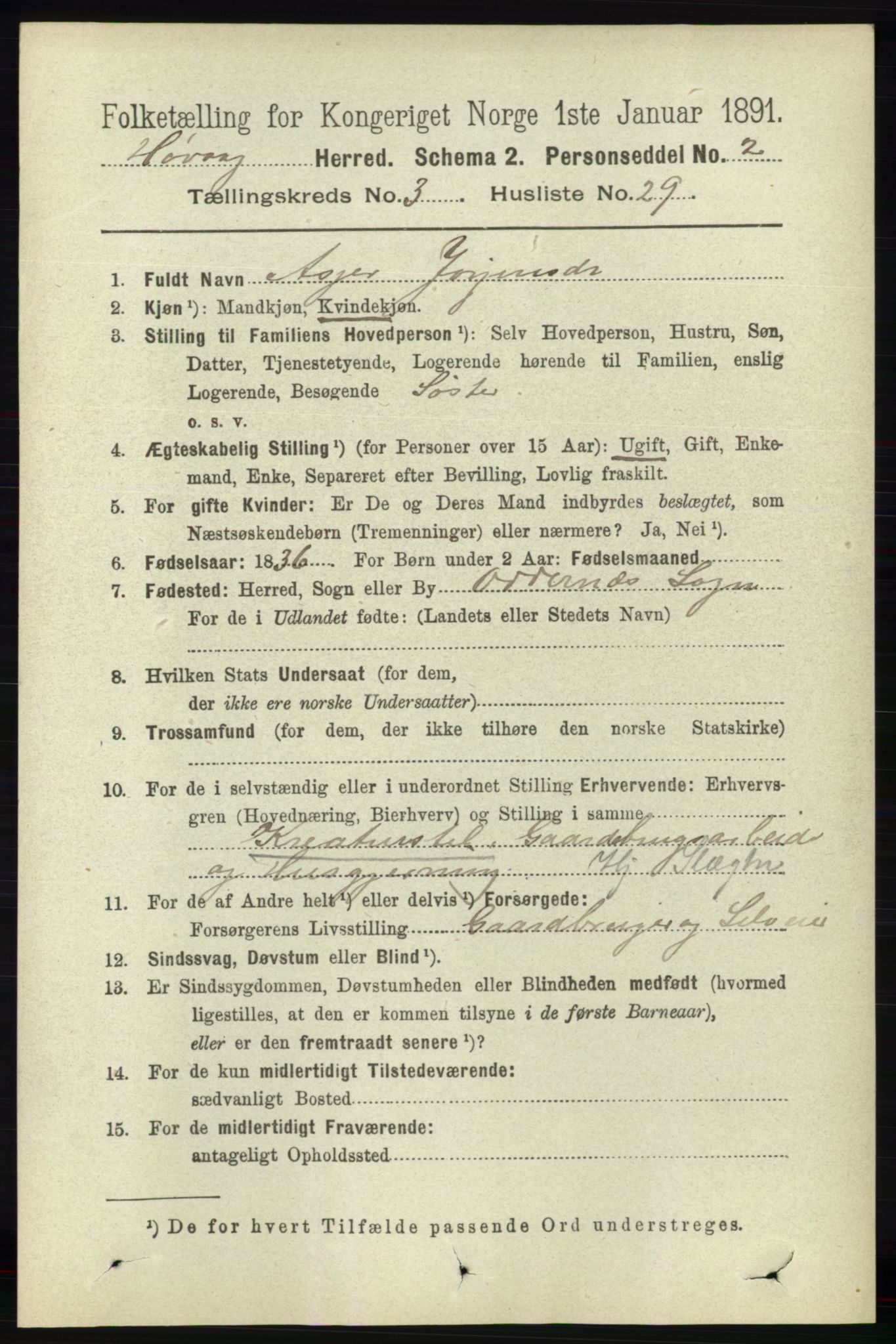 RA, 1891 census for 0927 Høvåg, 1891, p. 1155