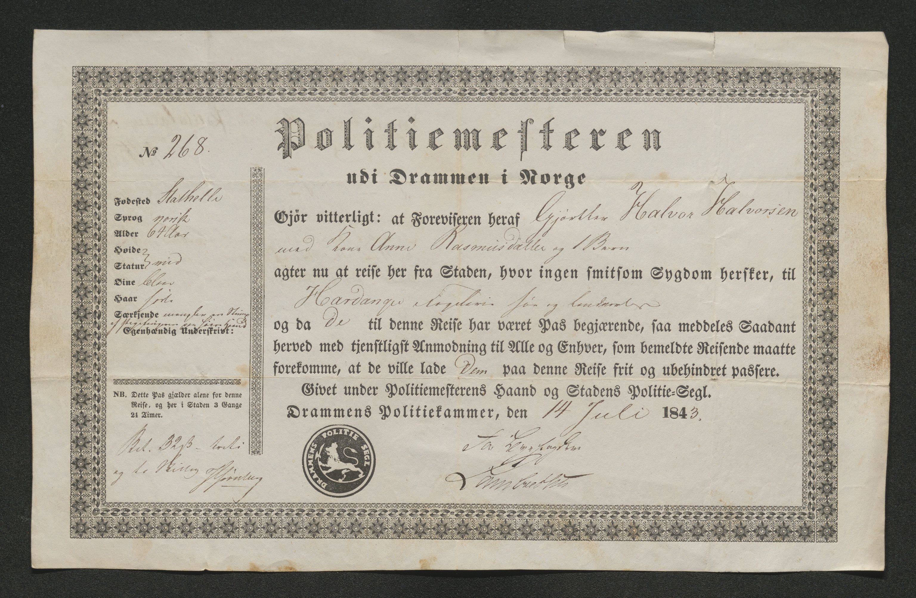 Drammen politikammer, SAKO/A-623/I/Ia/Iab/L0007: Innleverte pass, 1843-1844, p. 581