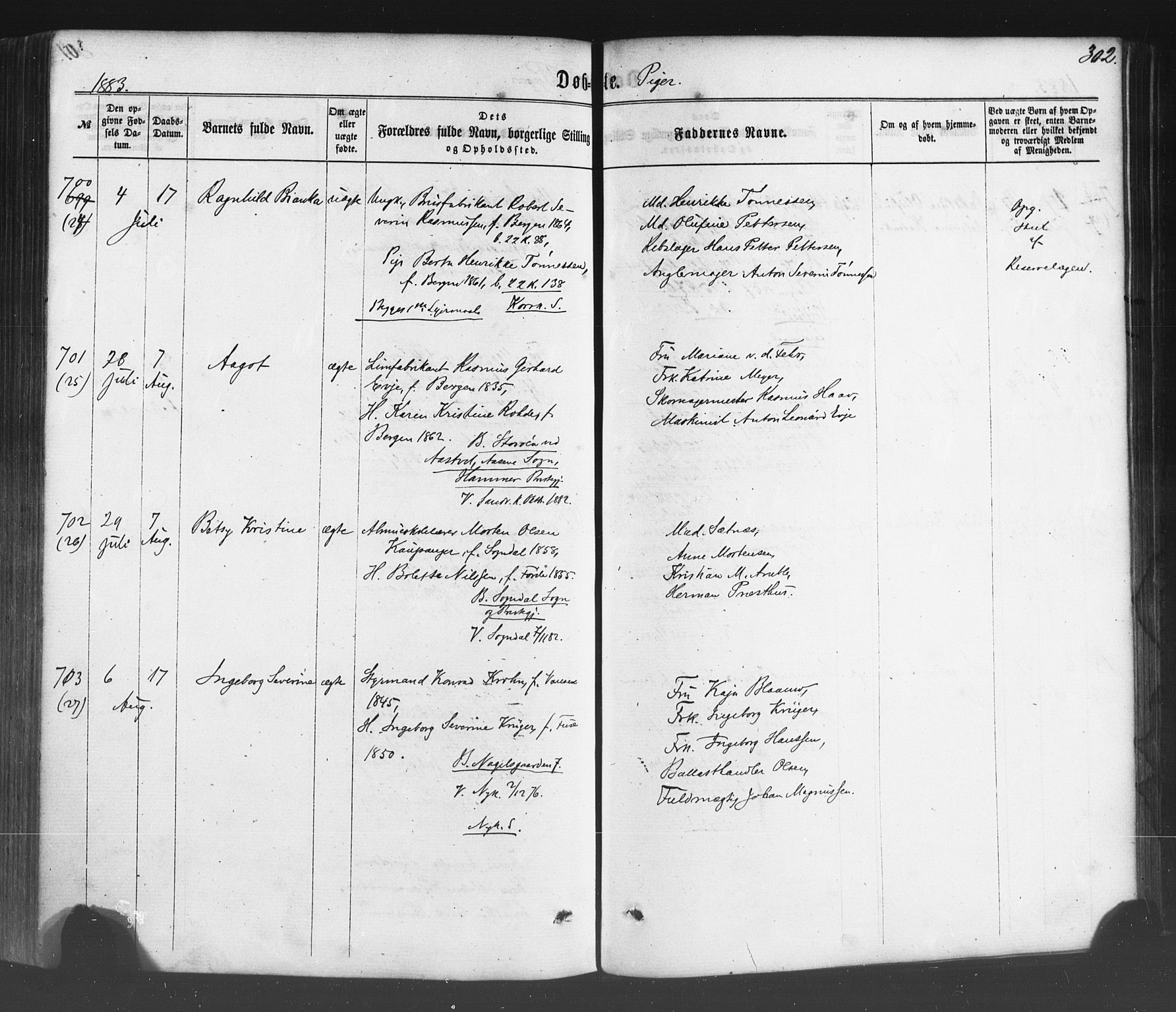Fødselsstiftelsens sokneprestembete*, SAB/-: Parish register (official) no. A 1, 1863-1883, p. 302