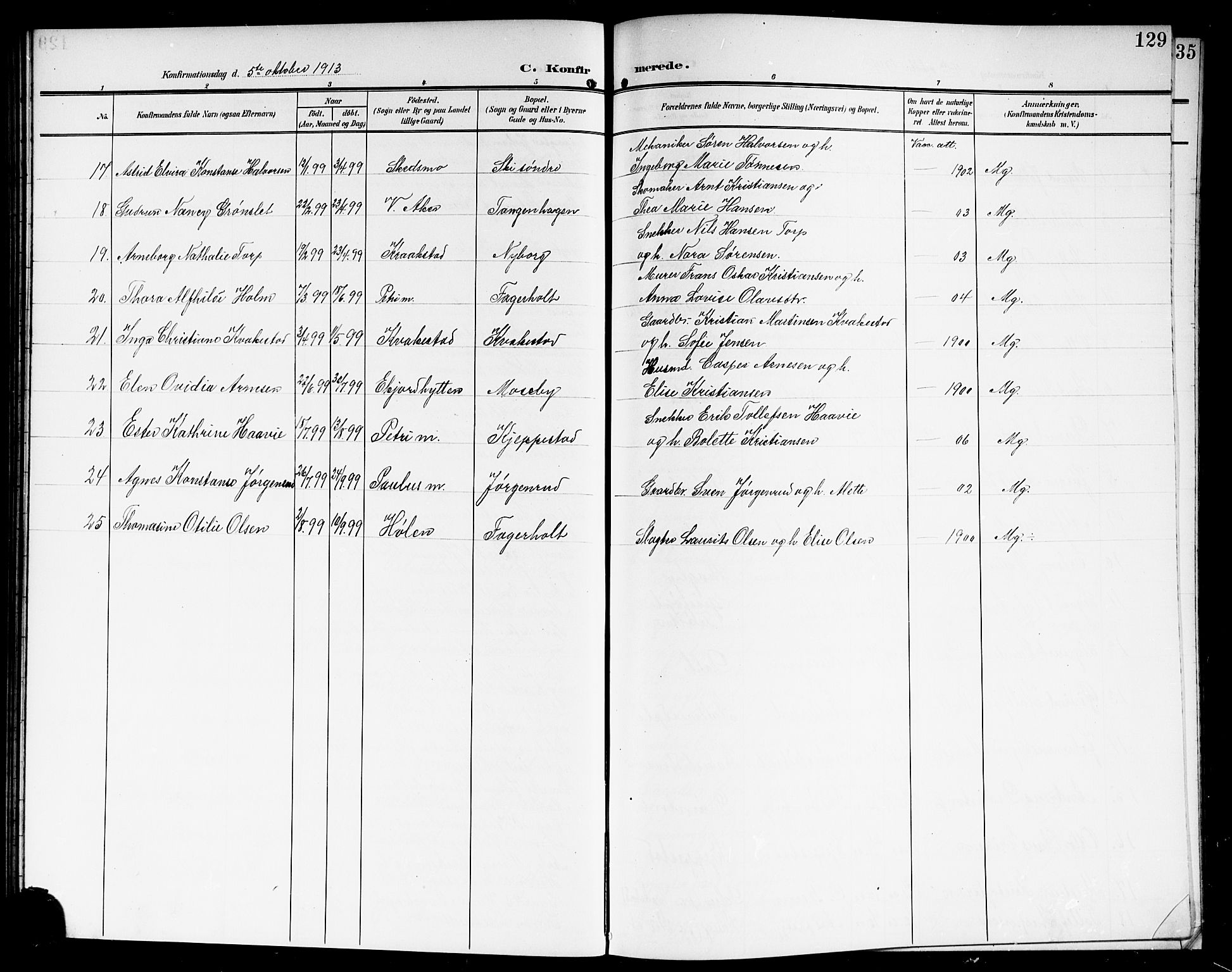 Kråkstad prestekontor Kirkebøker, AV/SAO-A-10125a/G/Gb/L0001: Parish register (copy) no. II 1, 1905-1920, p. 129