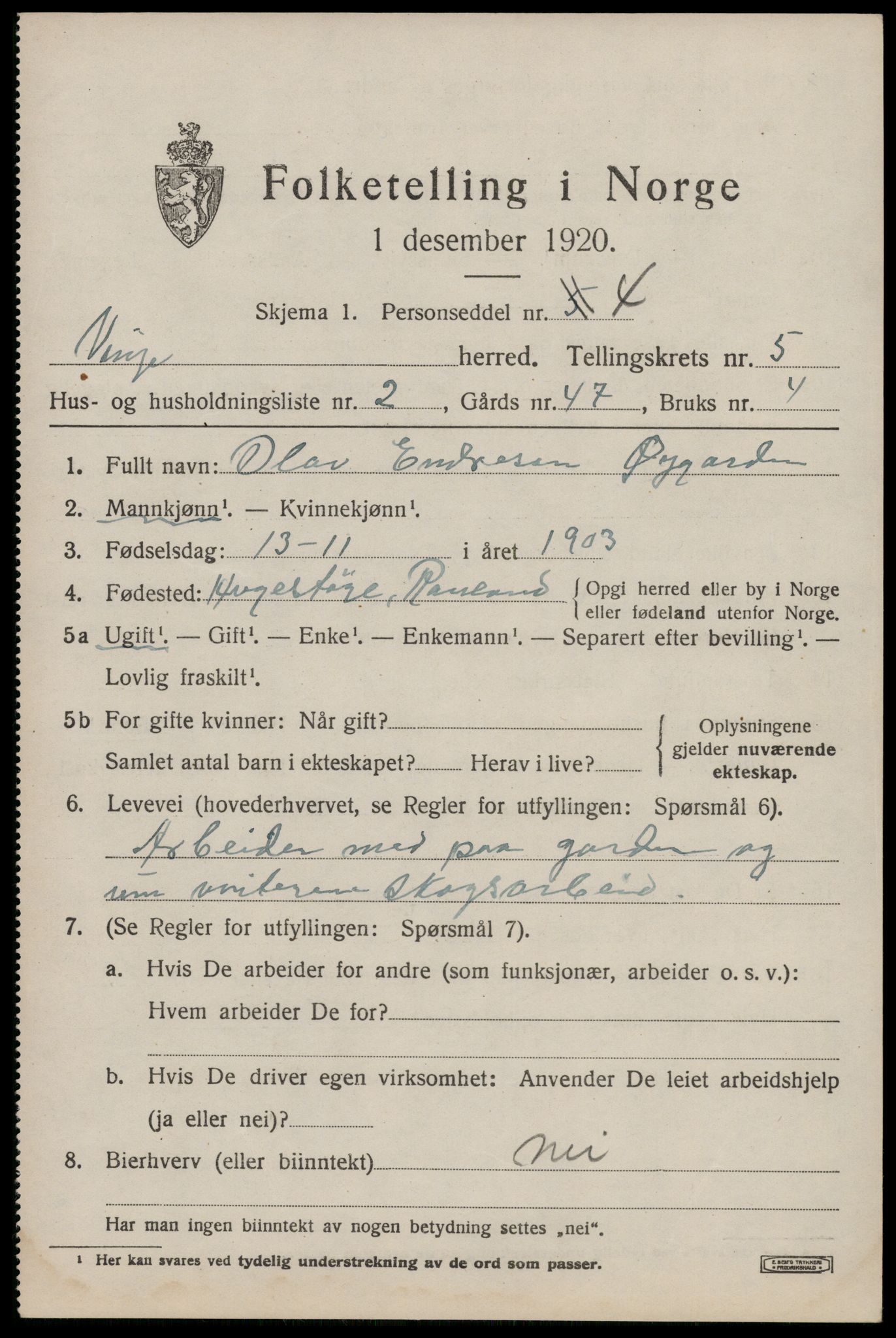 SAKO, 1920 census for Vinje, 1920, p. 1621