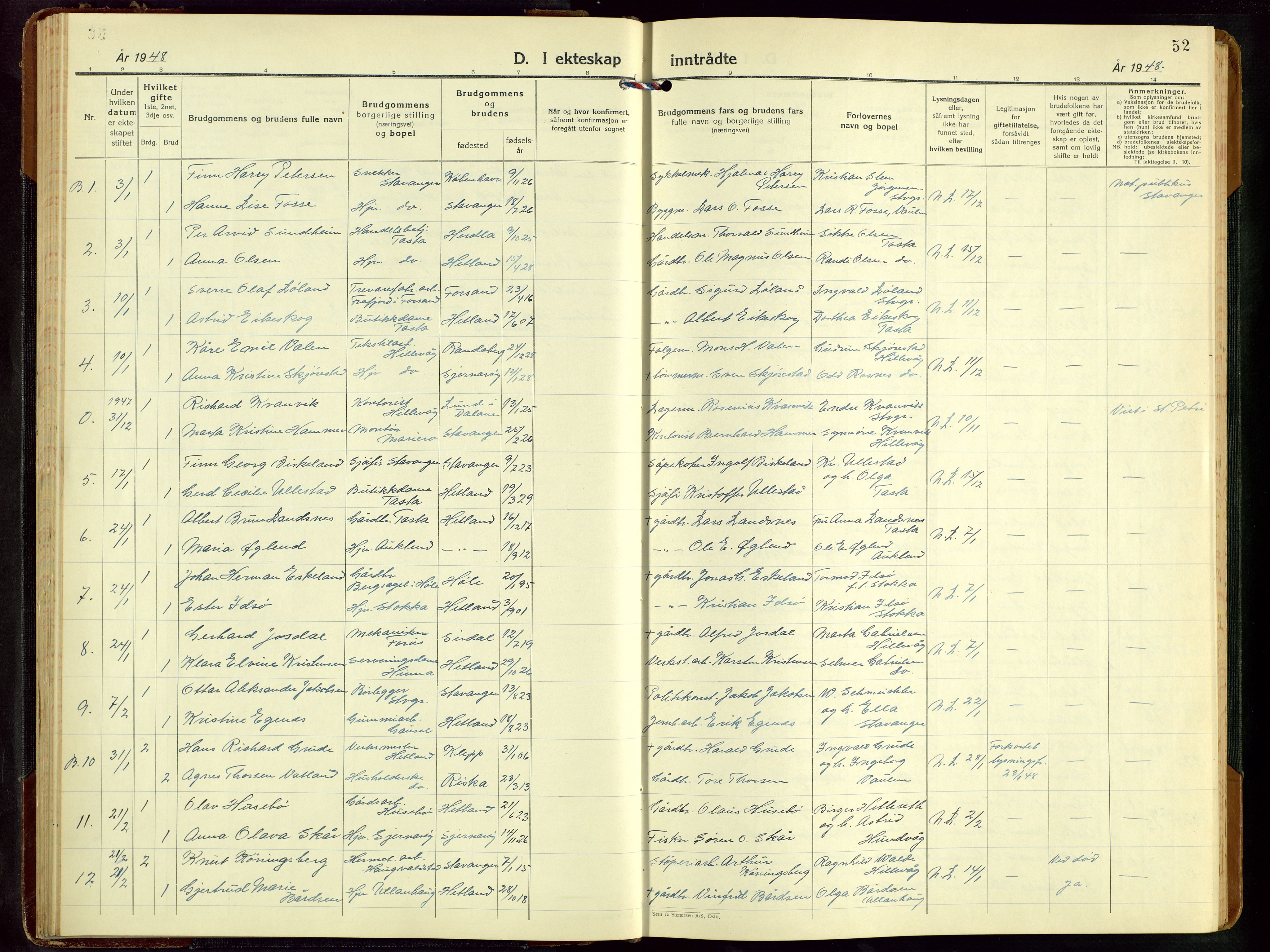 Hetland sokneprestkontor, AV/SAST-A-101826/30/30BB/L0016: Parish register (copy) no. B 16, 1942-1960, p. 52