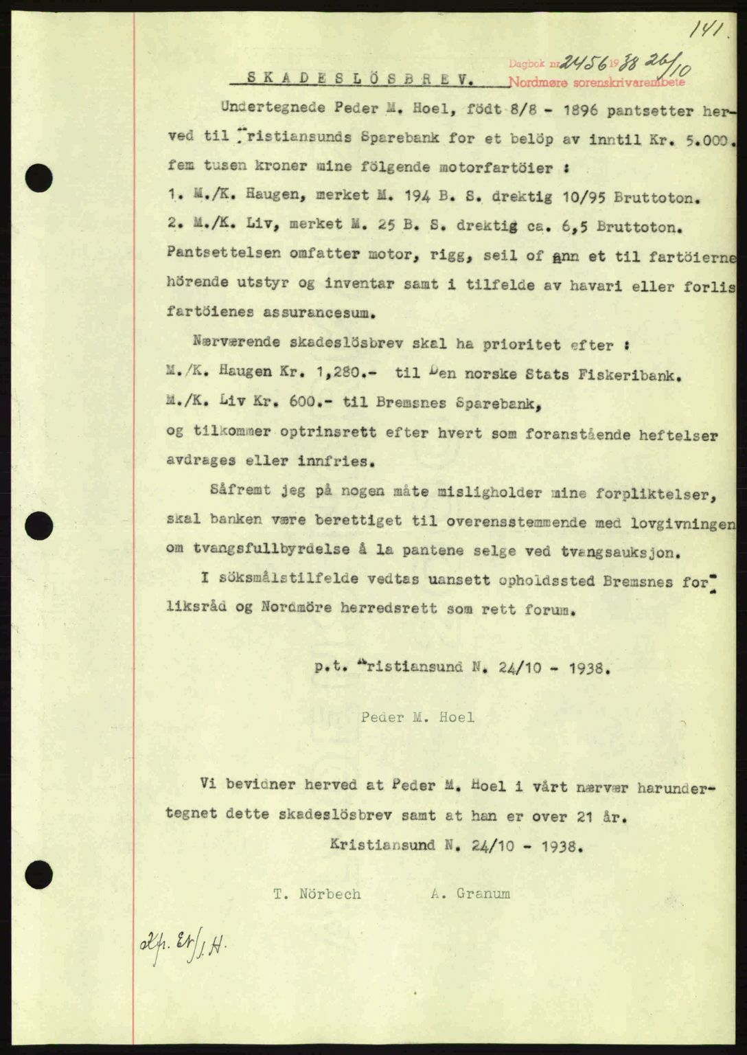Nordmøre sorenskriveri, SAT/A-4132/1/2/2Ca: Mortgage book no. B84, 1938-1939, Diary no: : 2456/1938