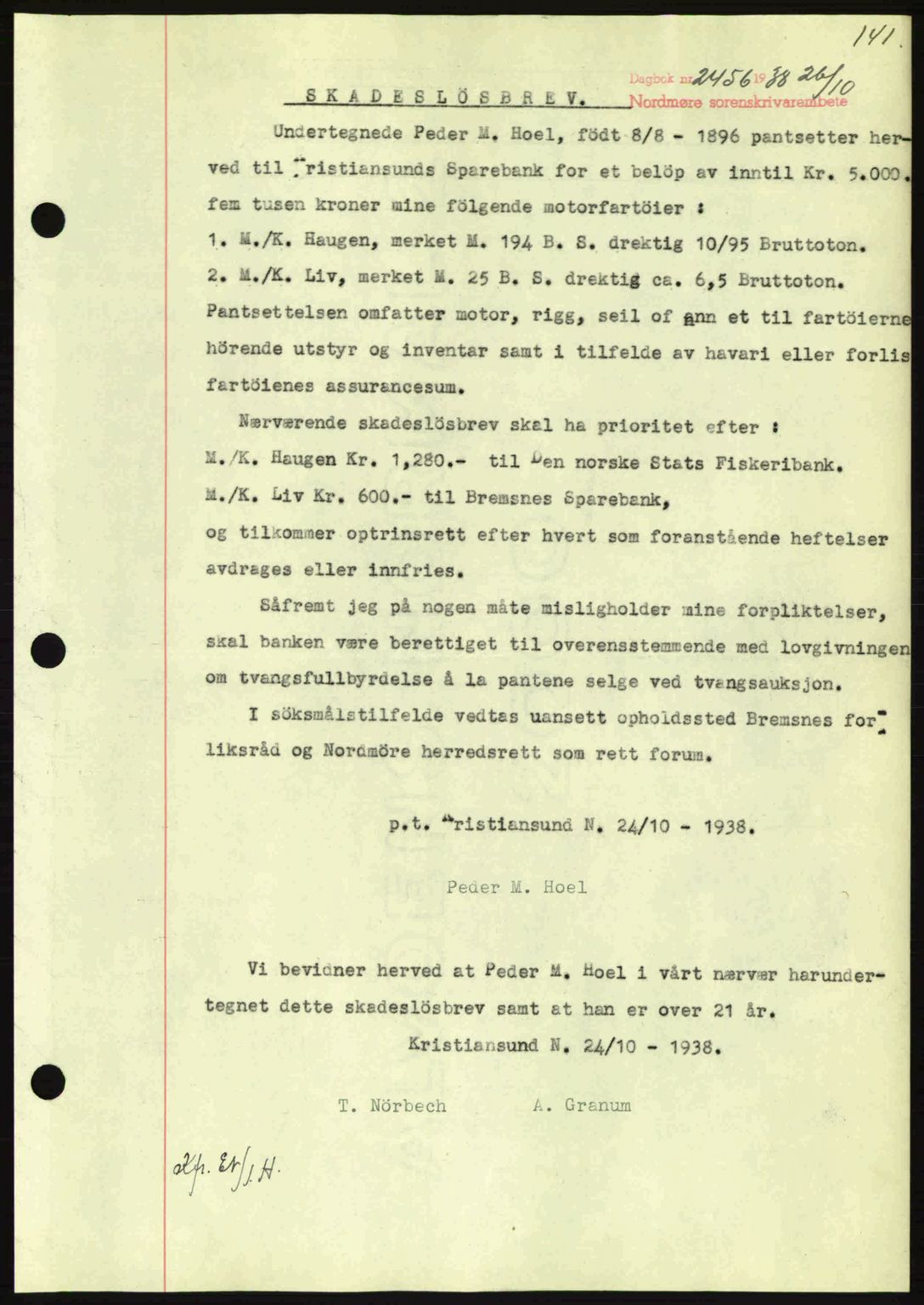 Nordmøre sorenskriveri, AV/SAT-A-4132/1/2/2Ca: Mortgage book no. B84, 1938-1939, Diary no: : 2456/1938