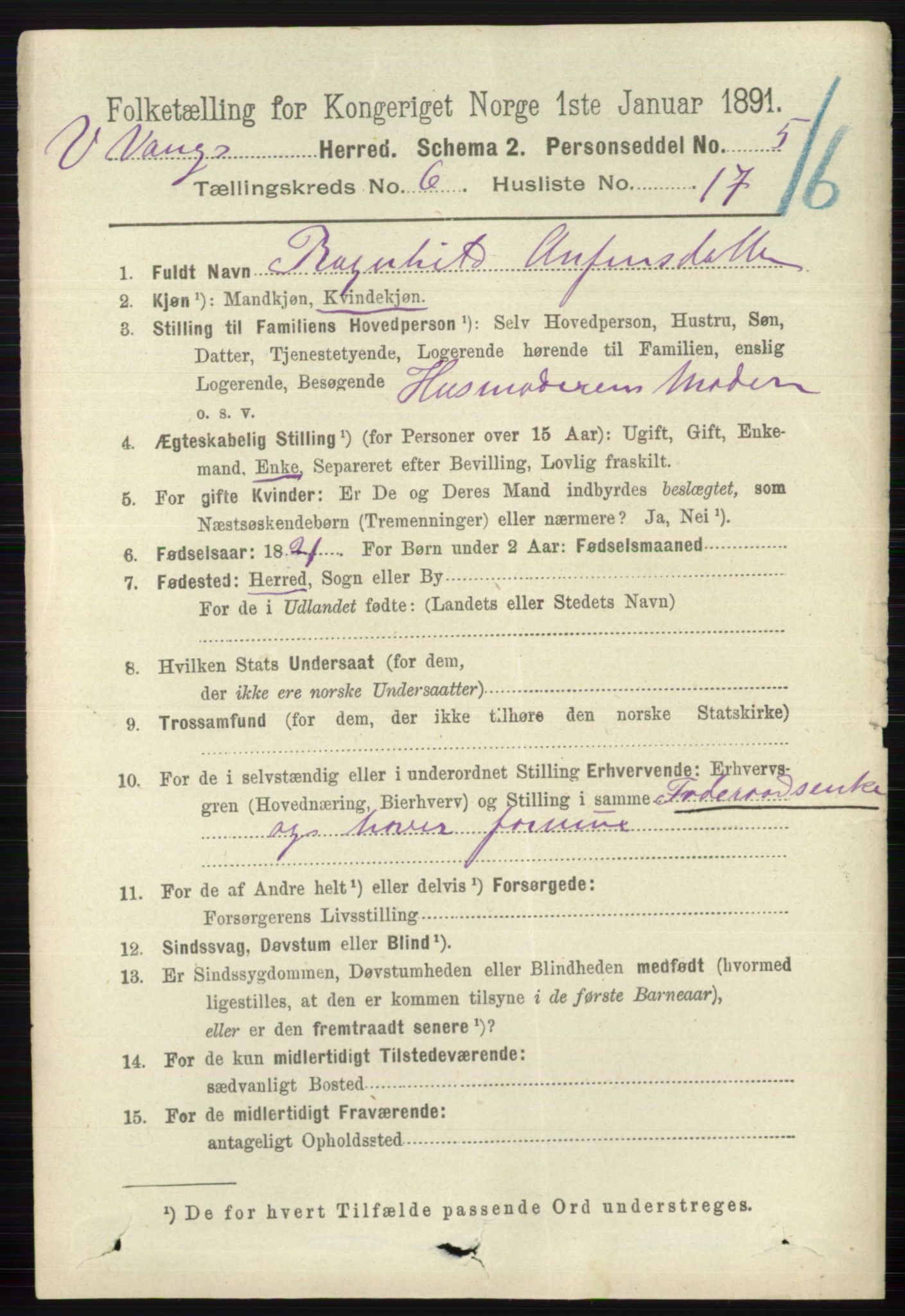 RA, 1891 census for 0545 Vang, 1891, p. 1361