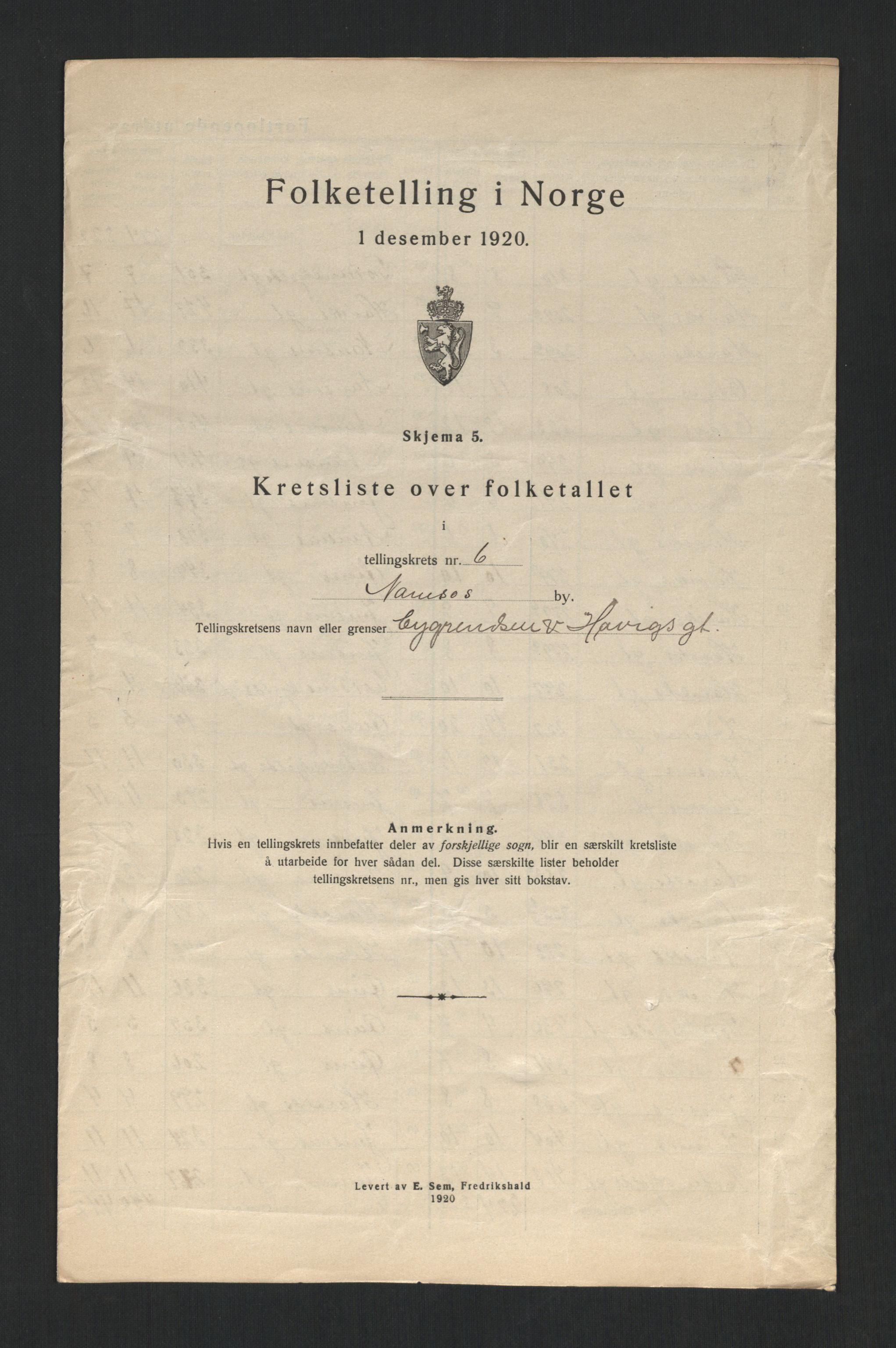 SAT, 1920 census for Namsos, 1920, p. 22