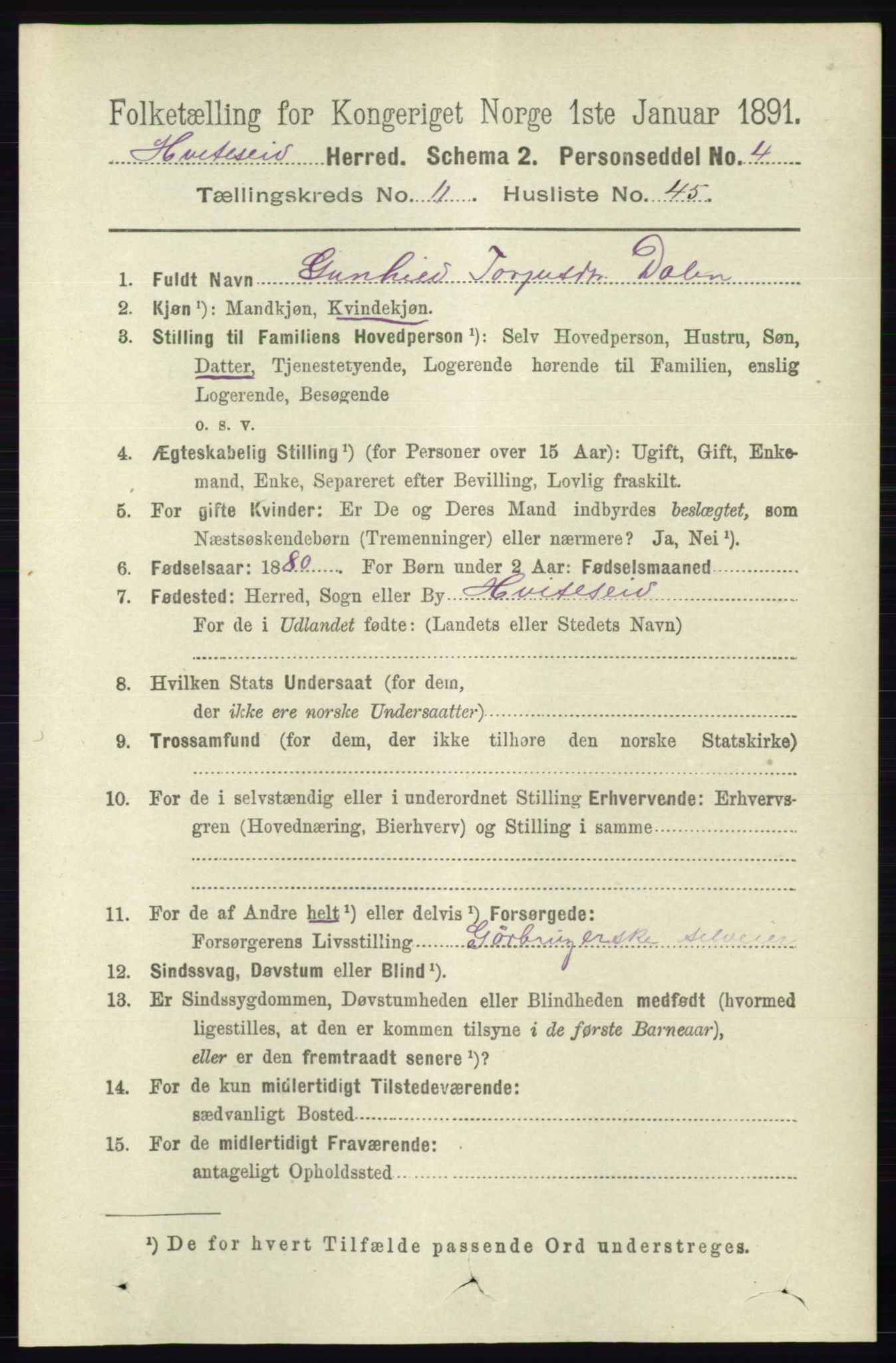 RA, 1891 census for 0829 Kviteseid, 1891, p. 2793