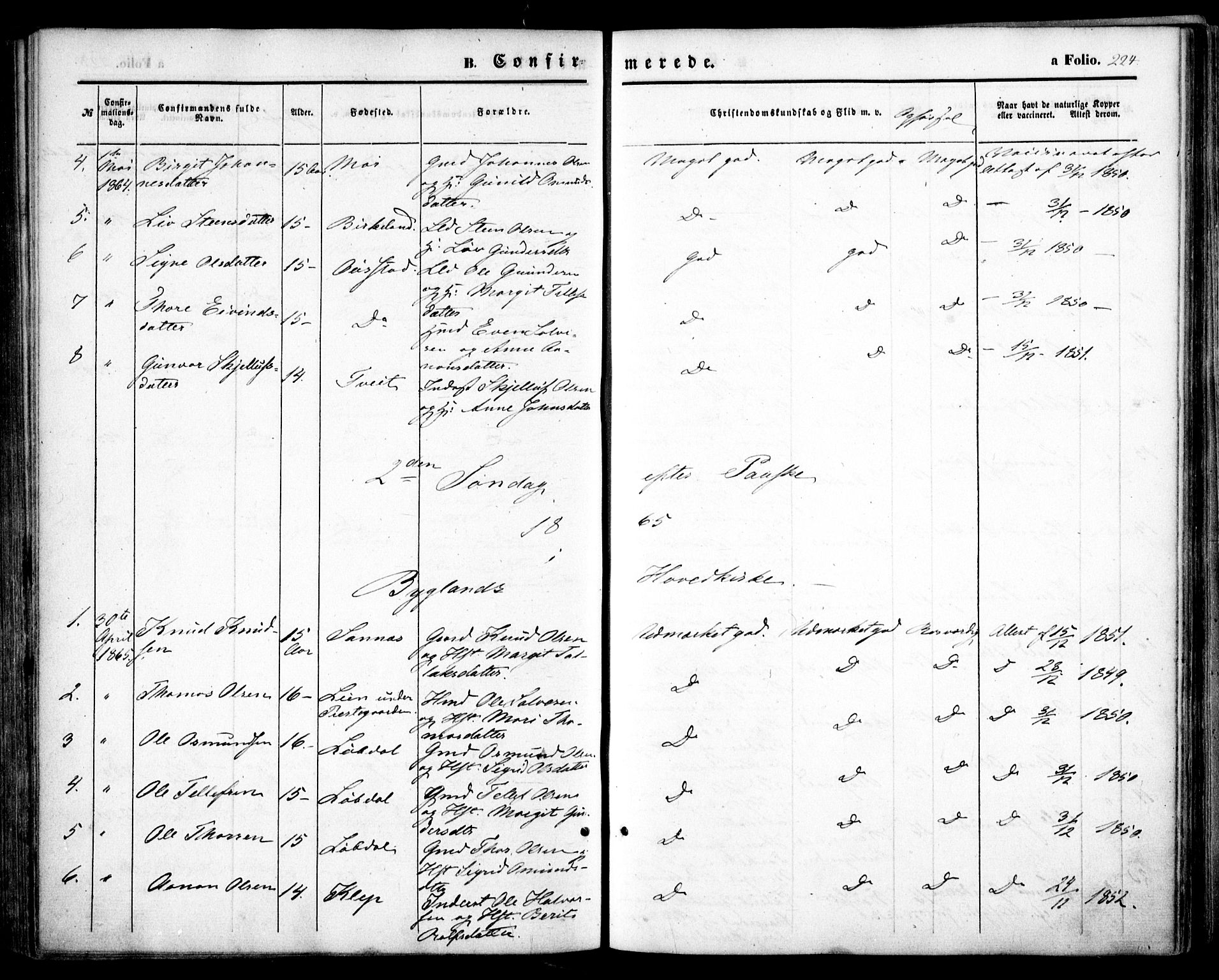 Bygland sokneprestkontor, SAK/1111-0006/F/Fa/Fab/L0005: Parish register (official) no. A 5, 1859-1873, p. 224