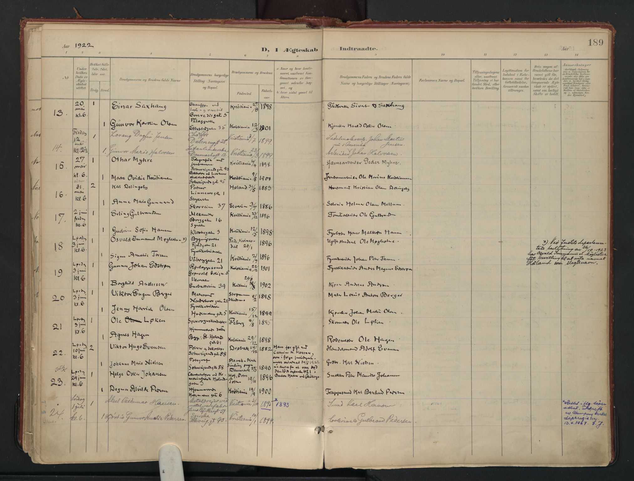 Vålerengen prestekontor Kirkebøker, AV/SAO-A-10878/F/Fa/L0002: Parish register (official) no. 2, 1899-1924, p. 189