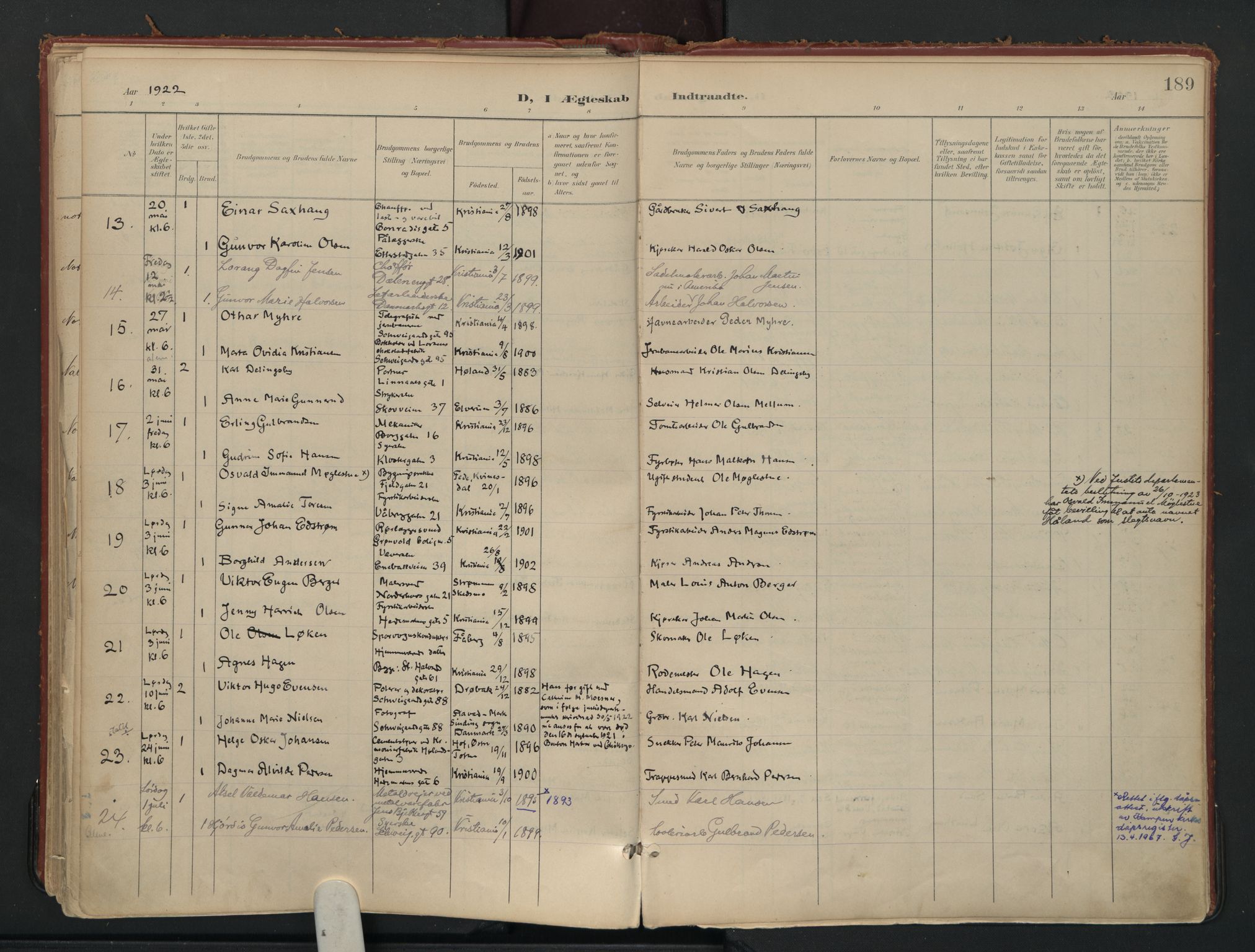 Vålerengen prestekontor Kirkebøker, SAO/A-10878/F/Fa/L0002: Parish register (official) no. 2, 1899-1924, p. 189