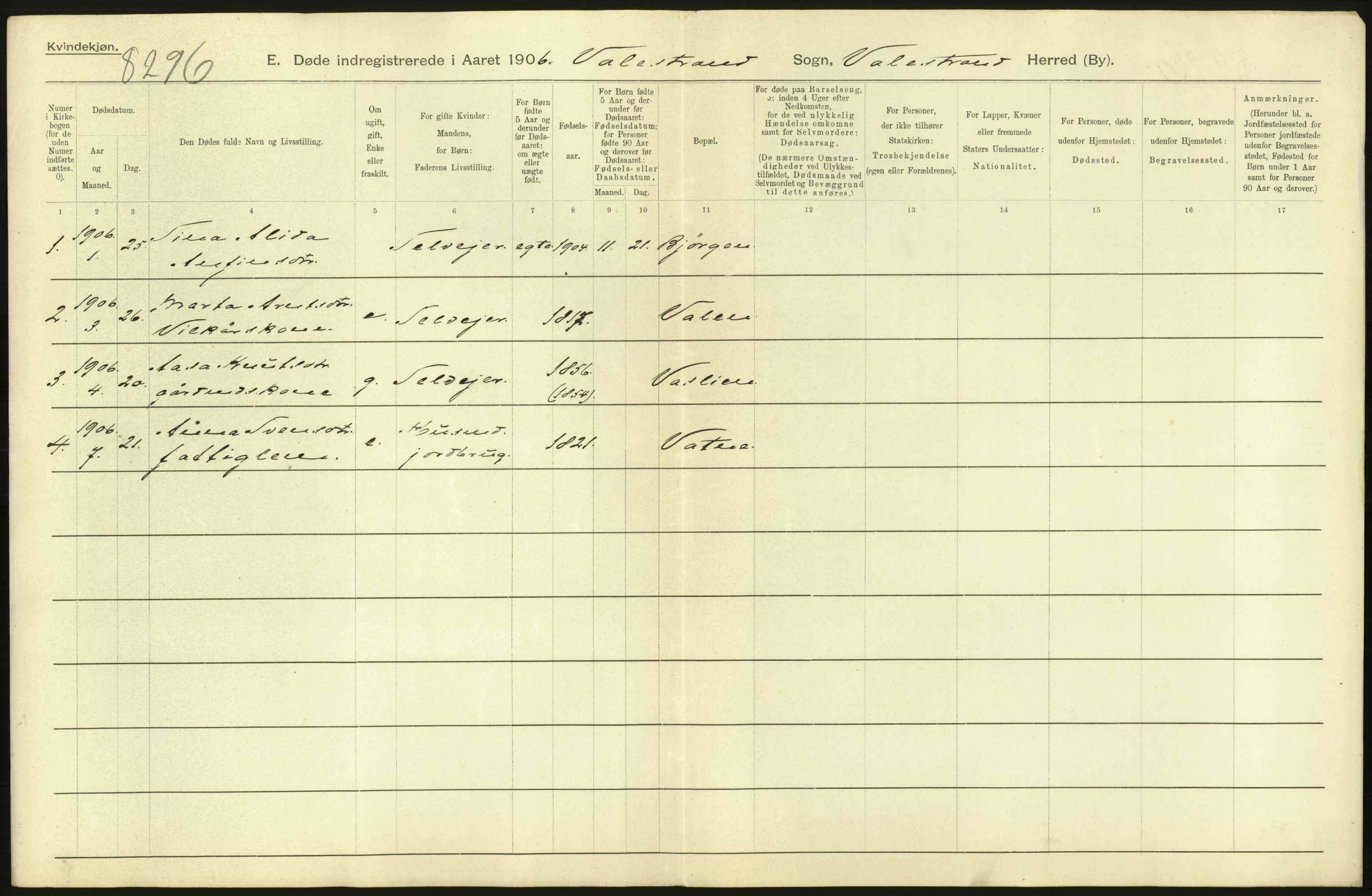 Statistisk sentralbyrå, Sosiodemografiske emner, Befolkning, AV/RA-S-2228/D/Df/Dfa/Dfad/L0030: S. Bergenhus amt: Døde. Bygder., 1906, p. 2