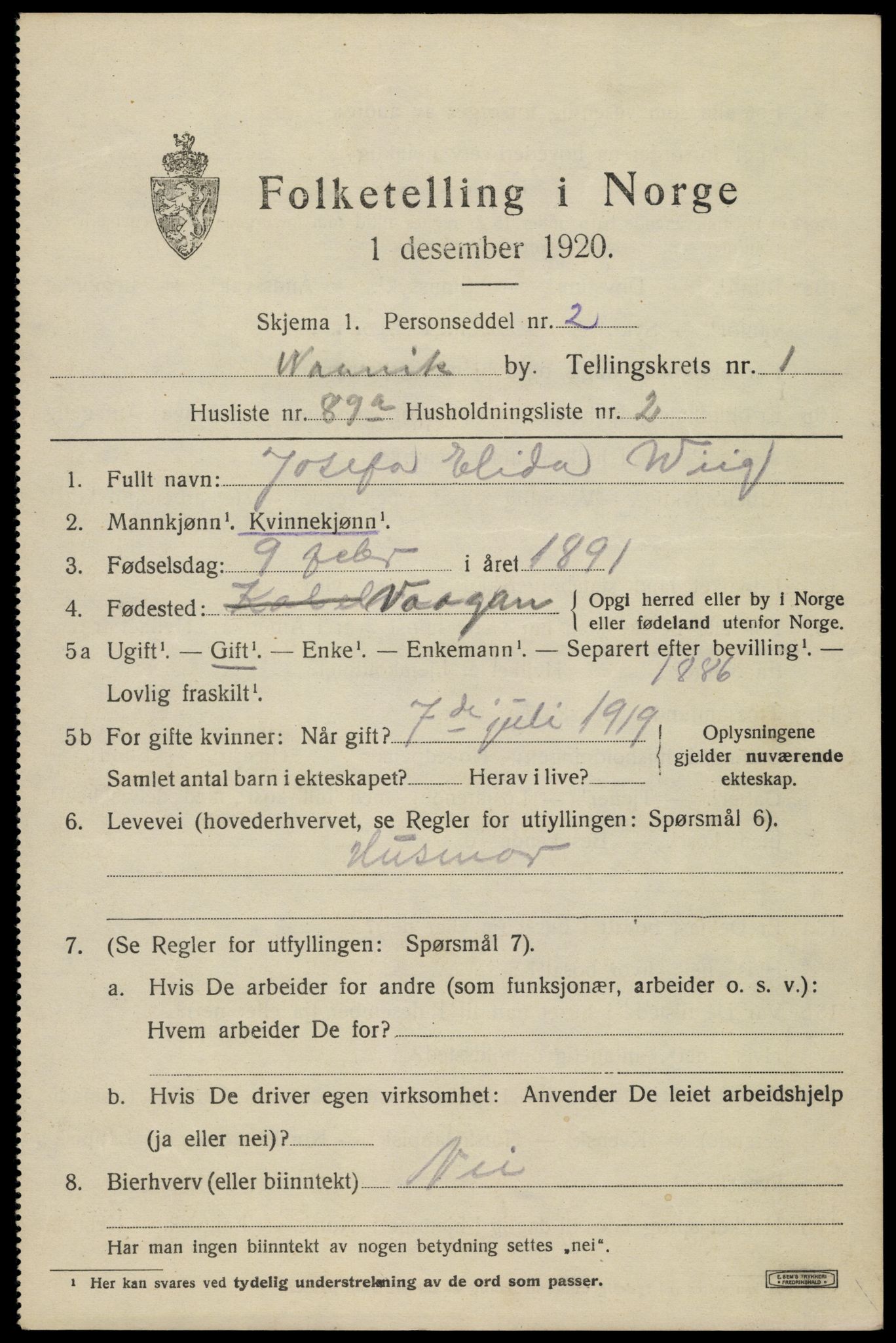 SAT, 1920 census for Narvik, 1920, p. 5796