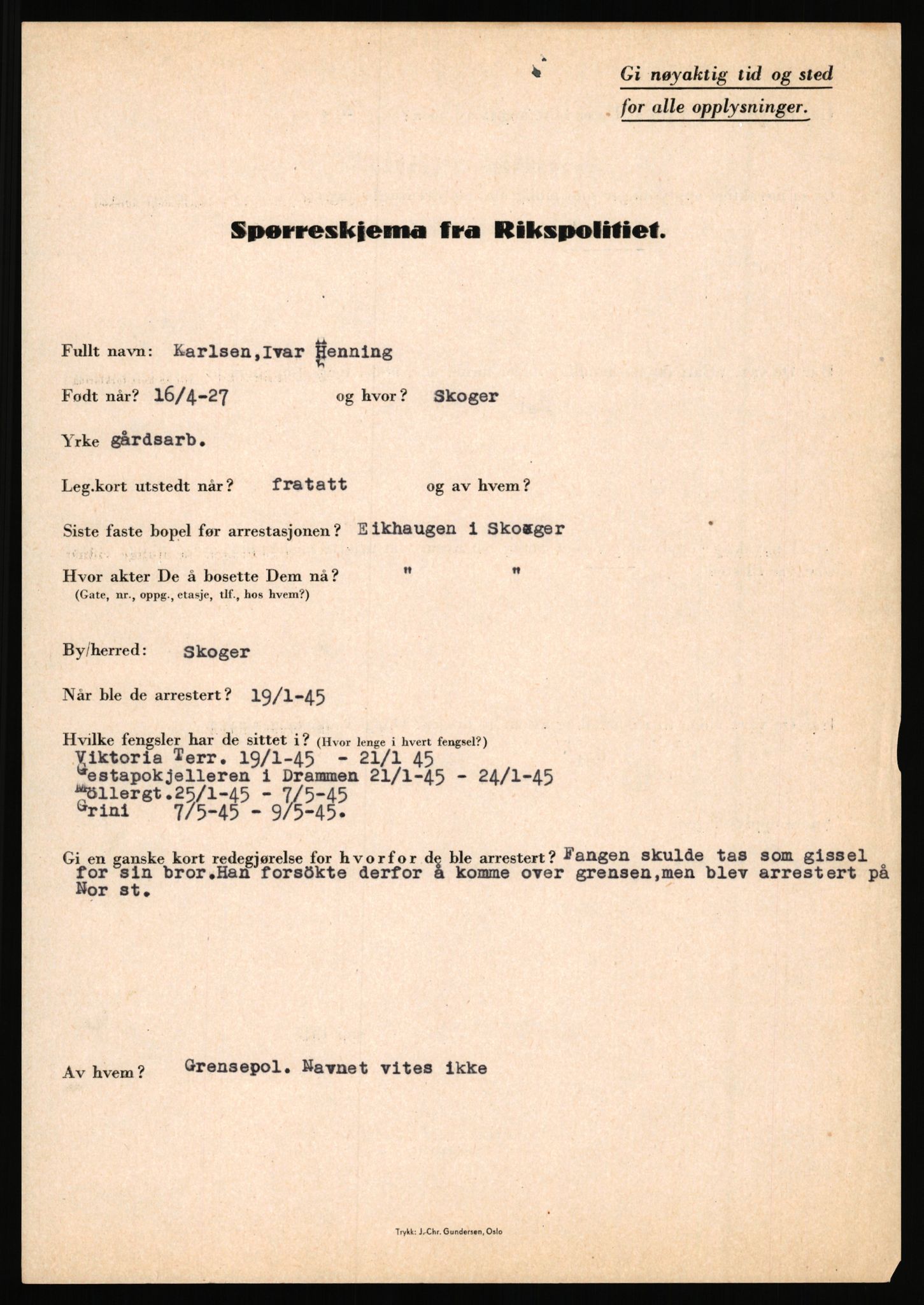 Rikspolitisjefen, AV/RA-S-1560/L/L0009: Karlsen, Aksel Emanuel - Kristiansen, Øivind Vetre, 1940-1945, p. 69