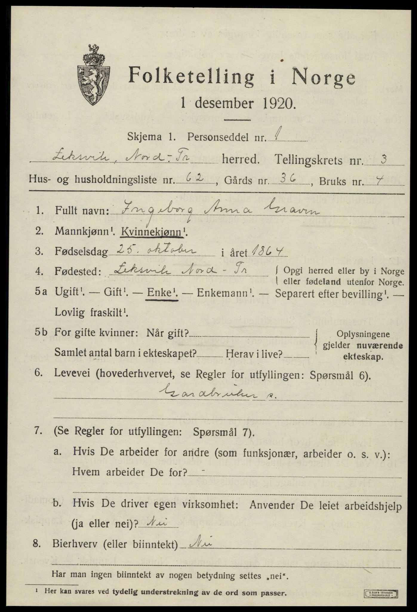 SAT, 1920 census for Leksvik, 1920, p. 3500