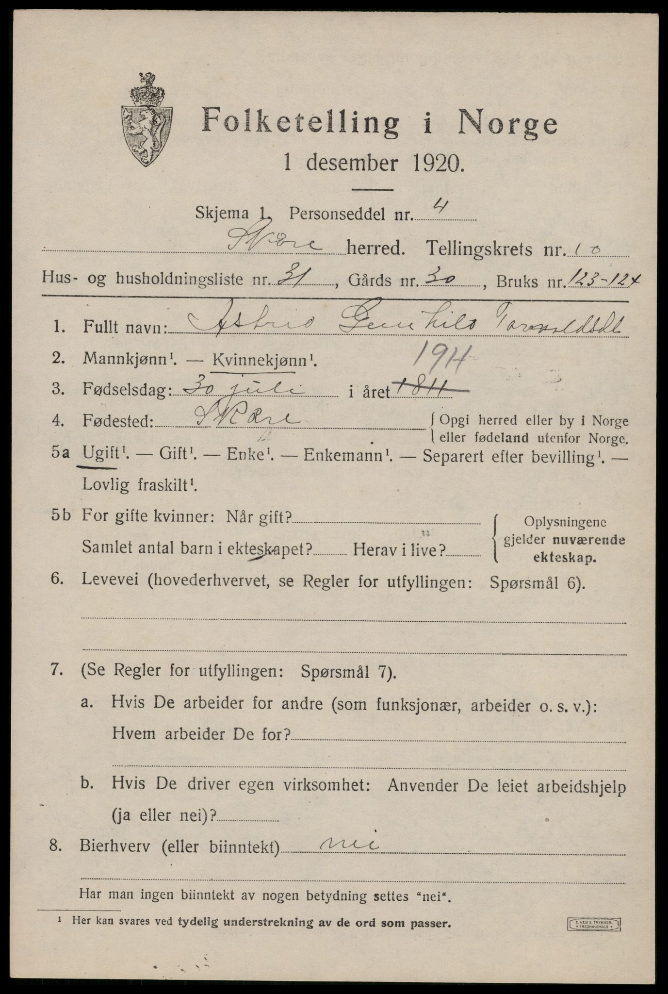 SAST, 1920 census for Skåre, 1920, p. 8272