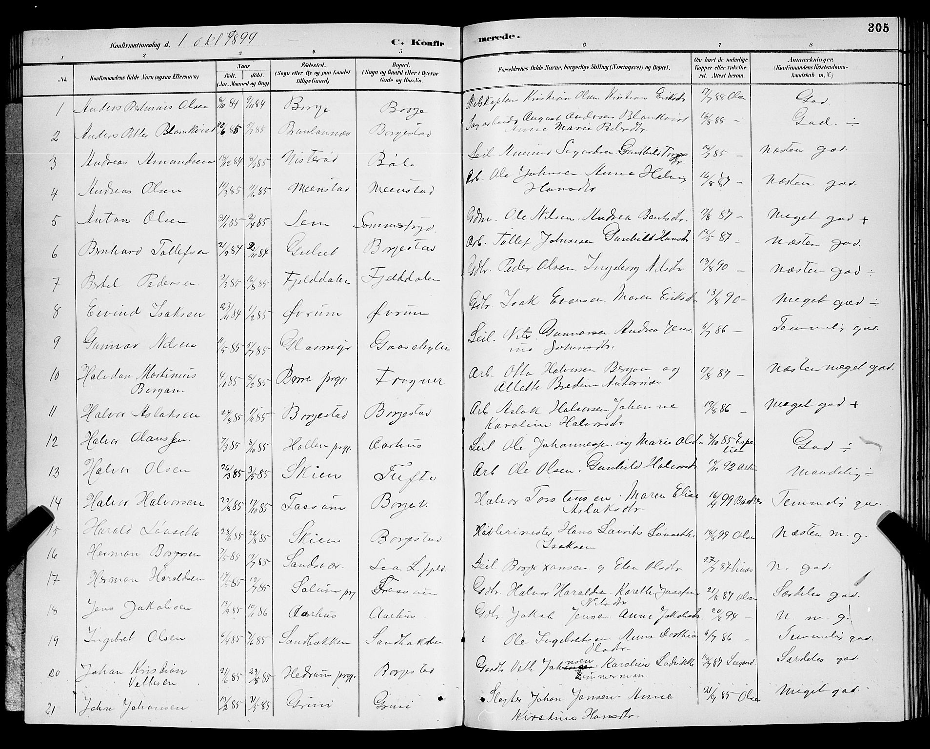 Gjerpen kirkebøker, AV/SAKO-A-265/G/Ga/L0002: Parish register (copy) no. I 2, 1883-1900, p. 305