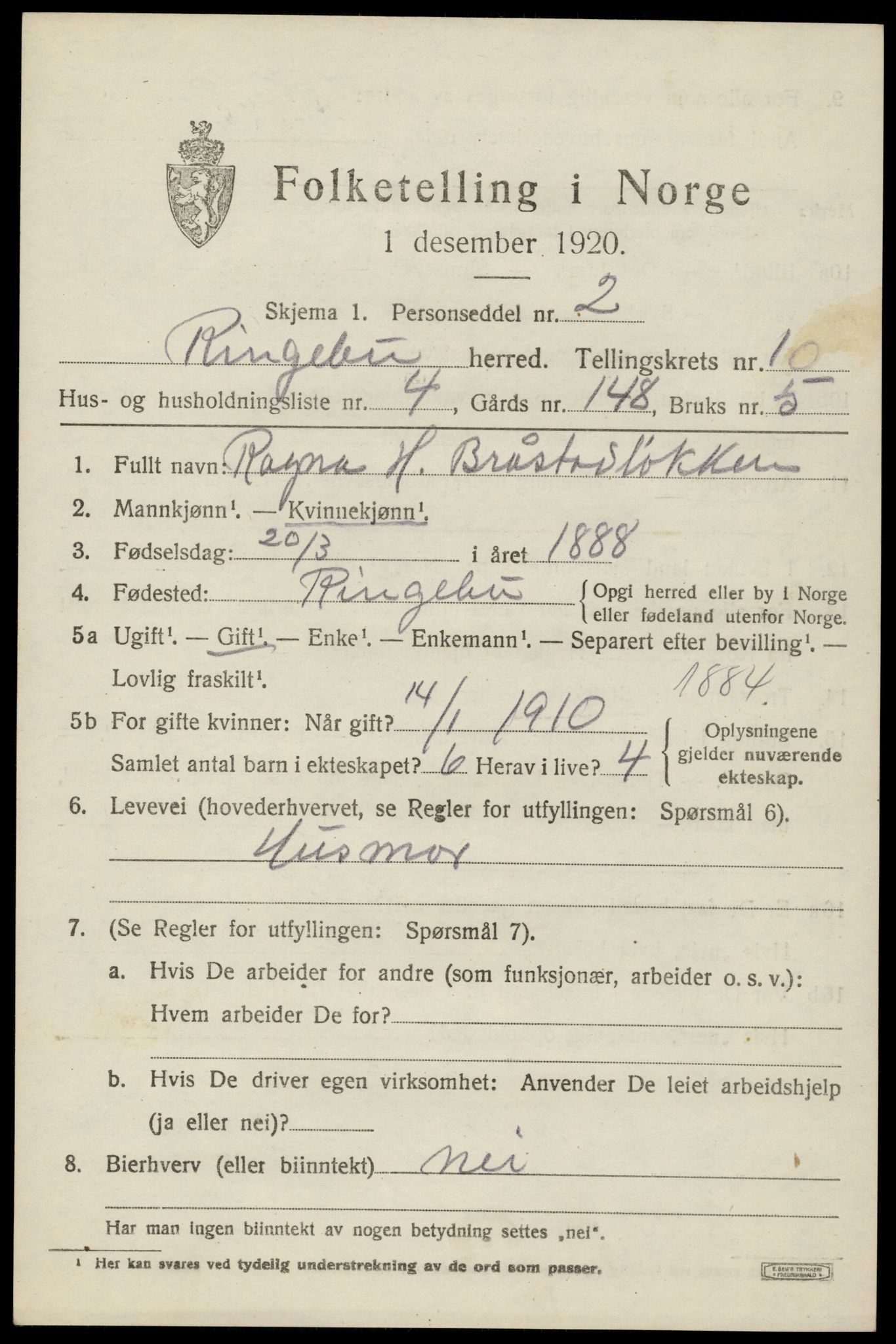 SAH, 1920 census for Ringebu, 1920, p. 9417