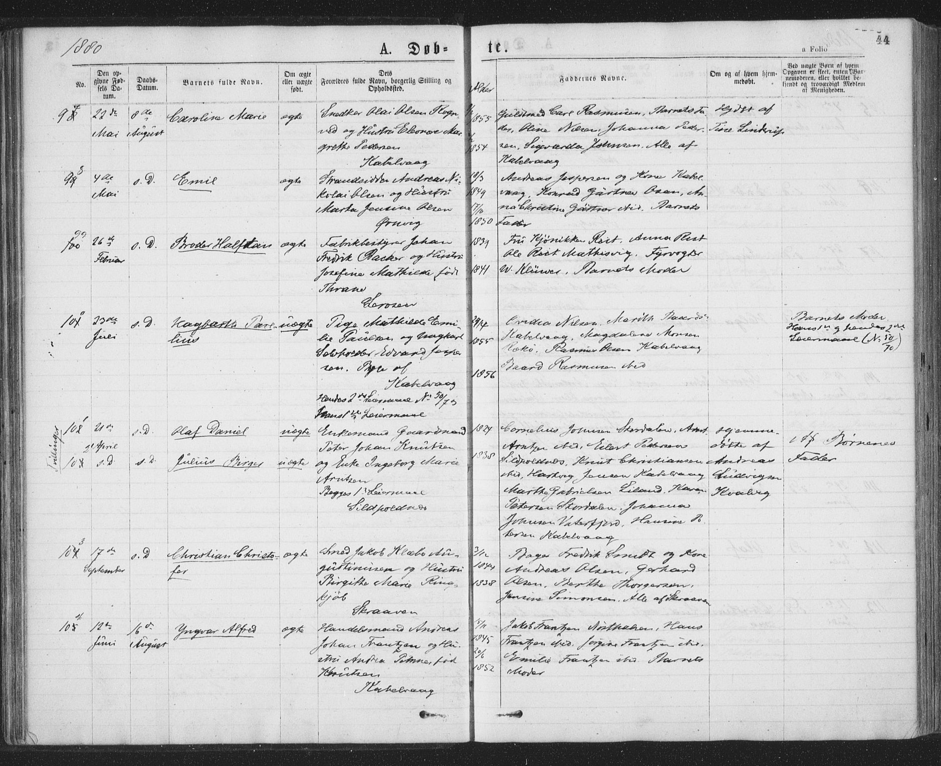 Ministerialprotokoller, klokkerbøker og fødselsregistre - Nordland, SAT/A-1459/874/L1058: Parish register (official) no. 874A02, 1878-1883, p. 44