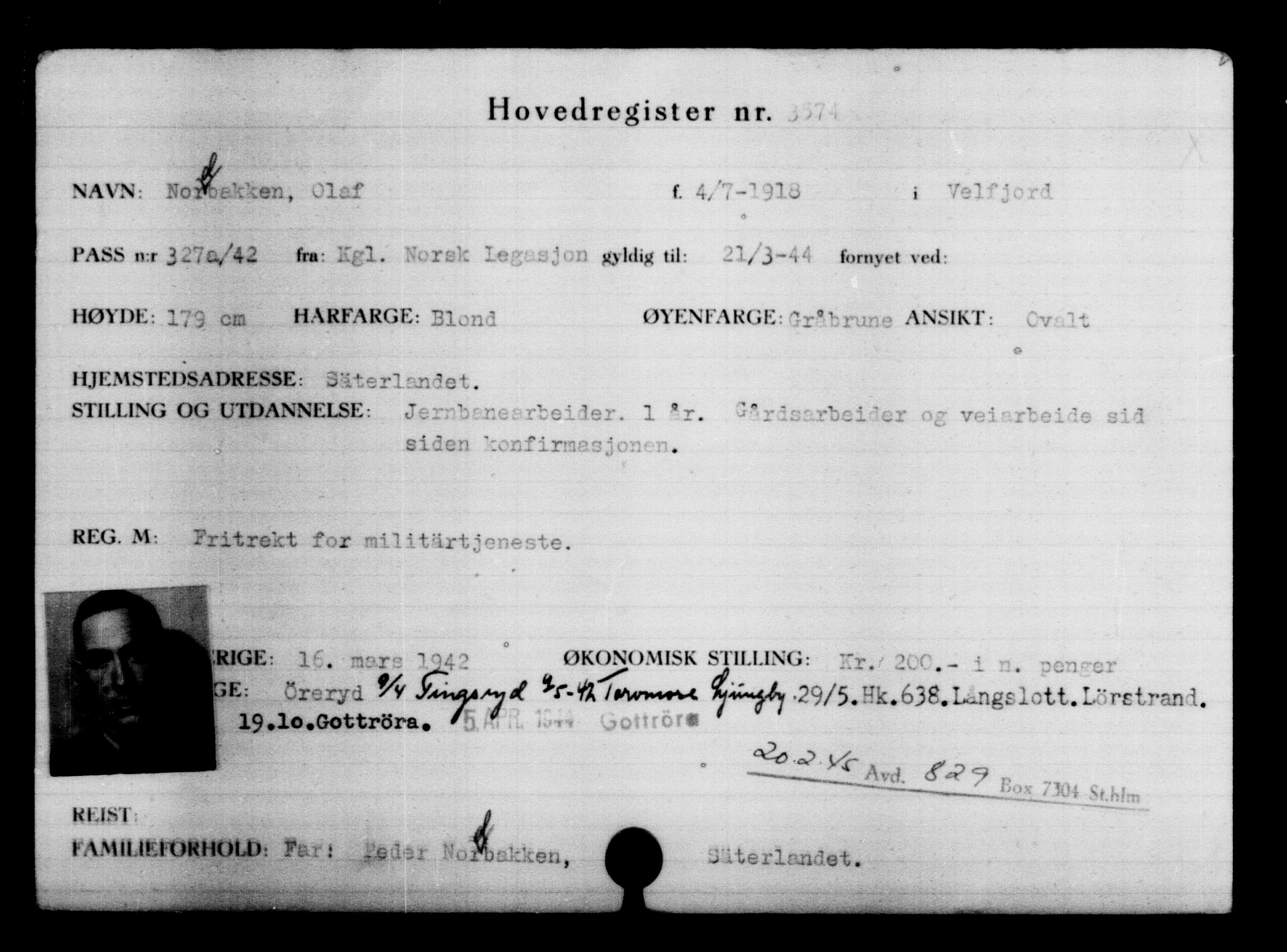 Utenriksstasjonene, Legasjonen i Stockholm, Flyktningkontoret, AV/RA-S-6753/V/Va/L0004: Kjesäterkartoteket, flyktning nr. 3496-6610, 1940-1945, p. 91