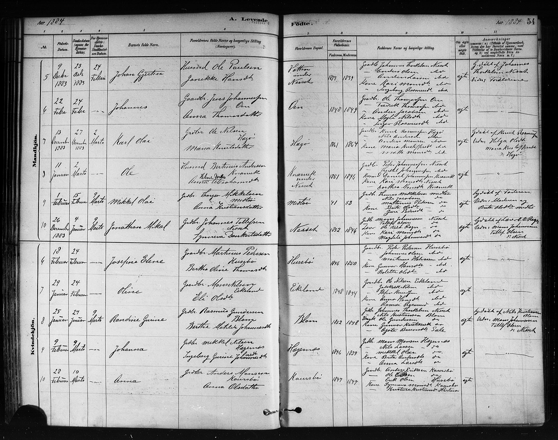 Herdla Sokneprestembete, SAB/A-75701/H/Haa: Parish register (official) no. A 3, 1878-1890, p. 54