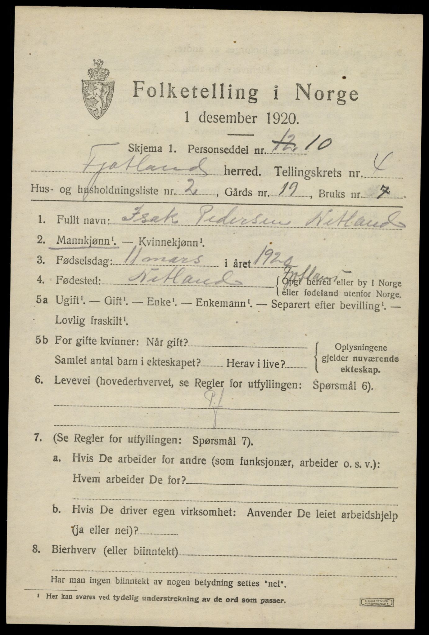 SAK, 1920 census for Fjotland, 1920, p. 1212