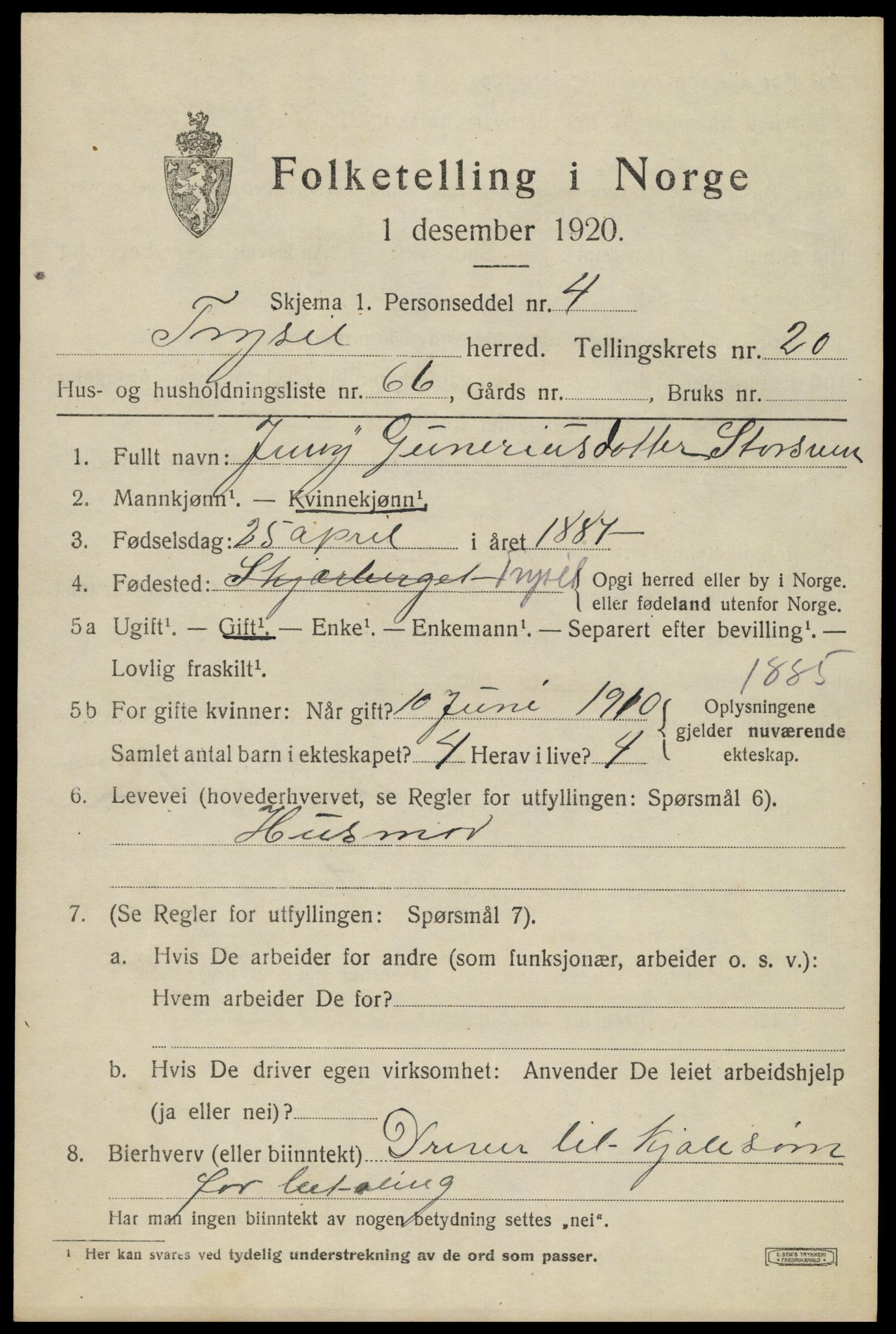 SAH, 1920 census for Trysil, 1920, p. 13751