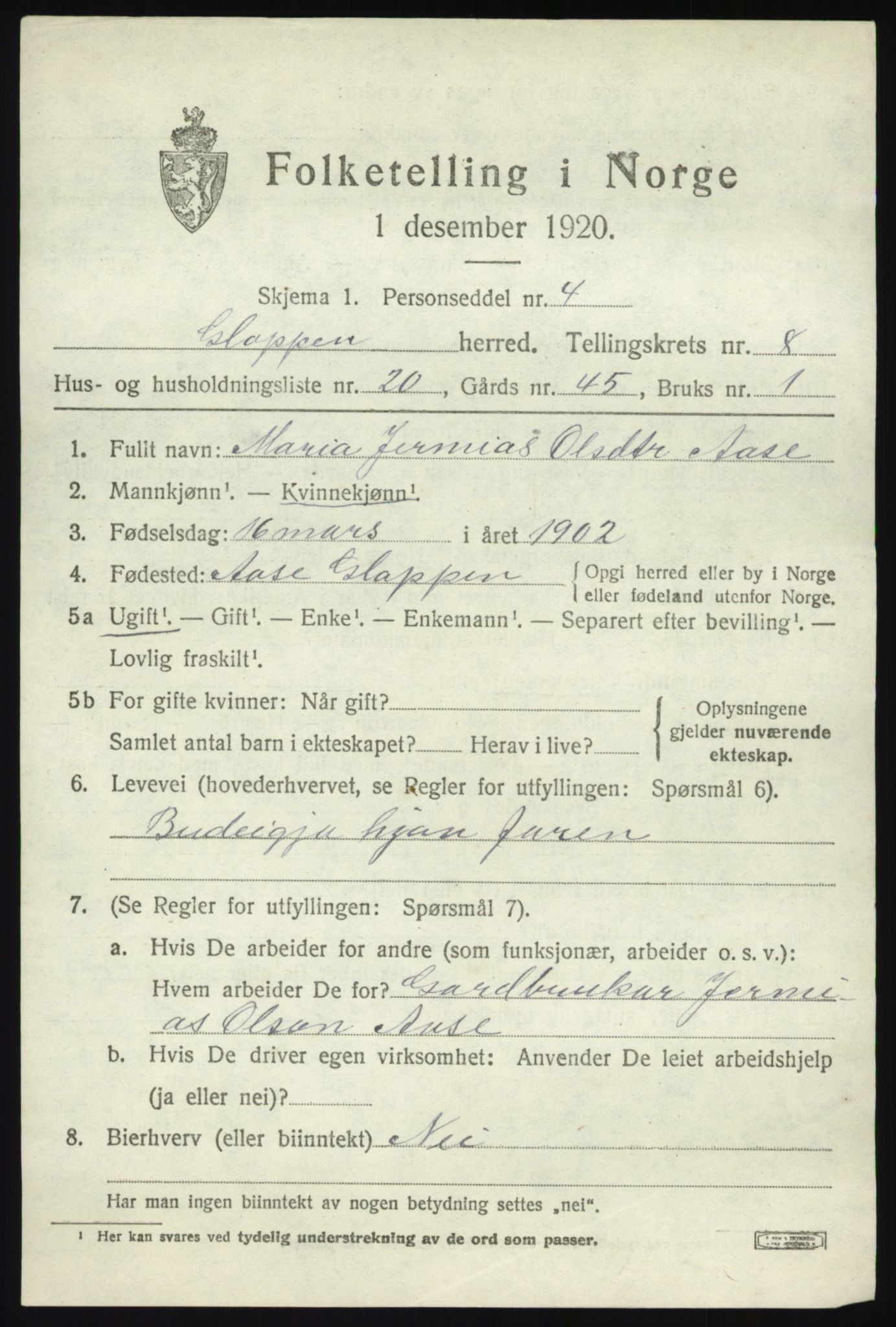 SAB, 1920 census for Gloppen, 1920, p. 4848