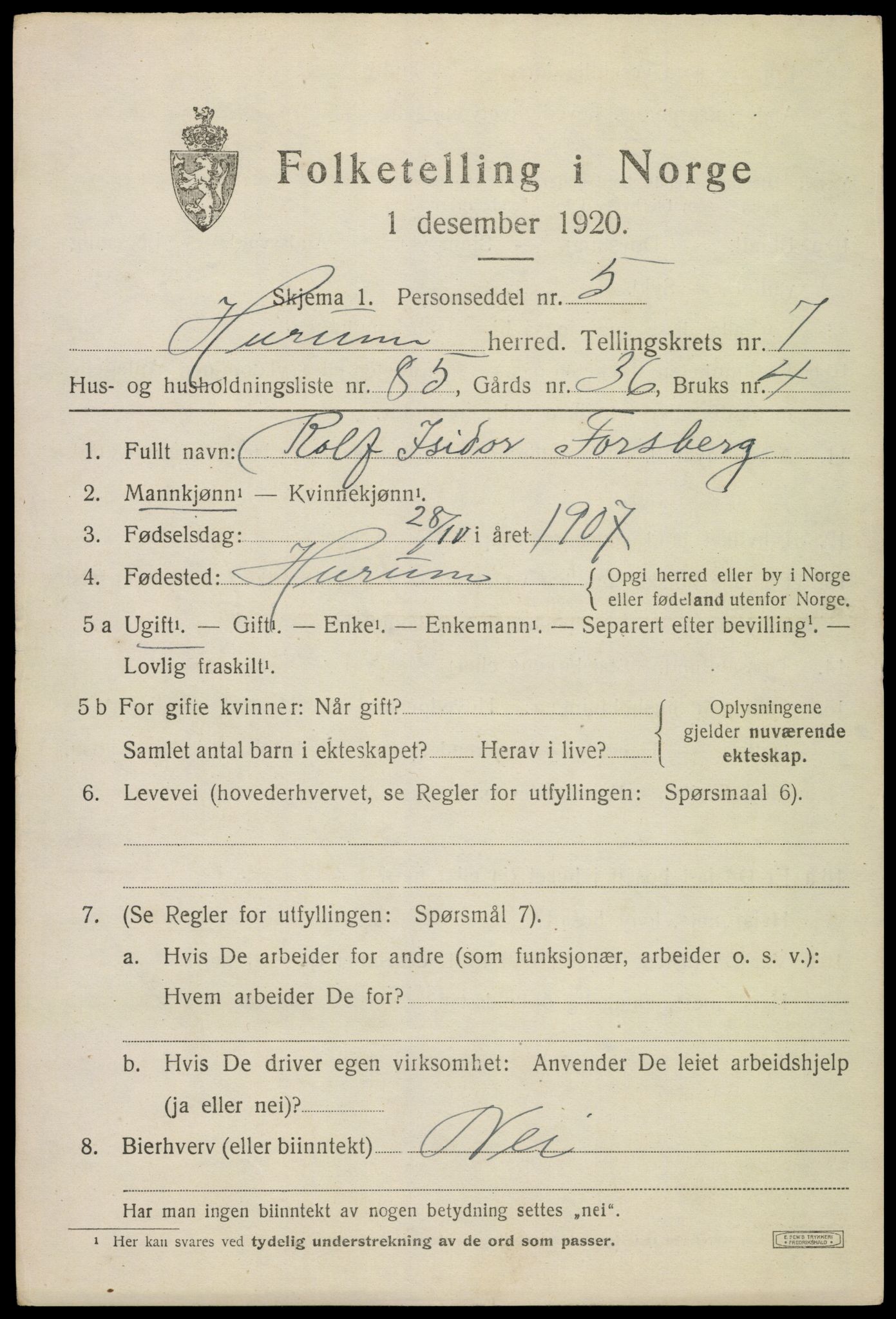 SAKO, 1920 census for Hurum, 1920, p. 10076