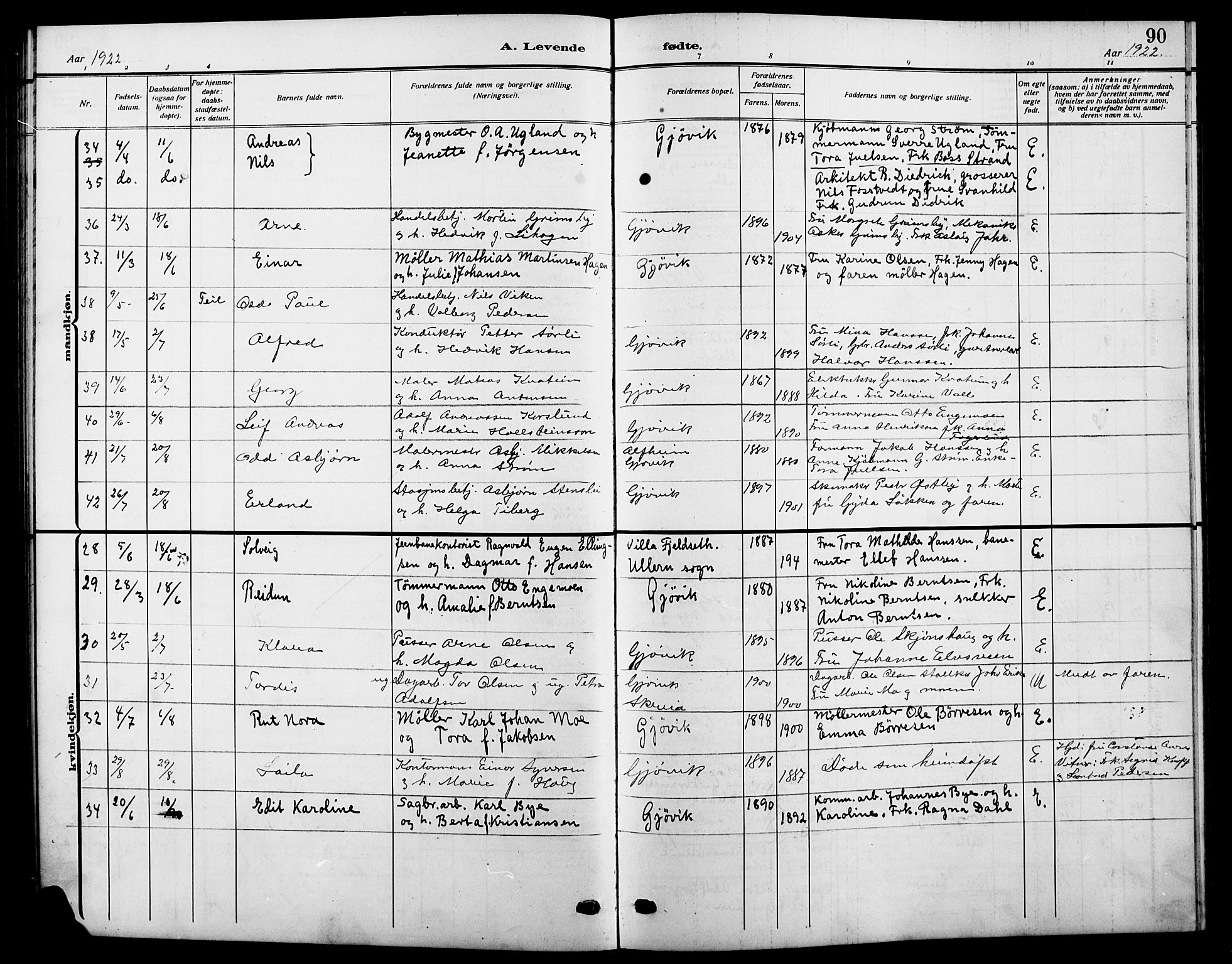 Vardal prestekontor, AV/SAH-PREST-100/H/Ha/Hab/L0014: Parish register (copy) no. 14, 1911-1922, p. 90