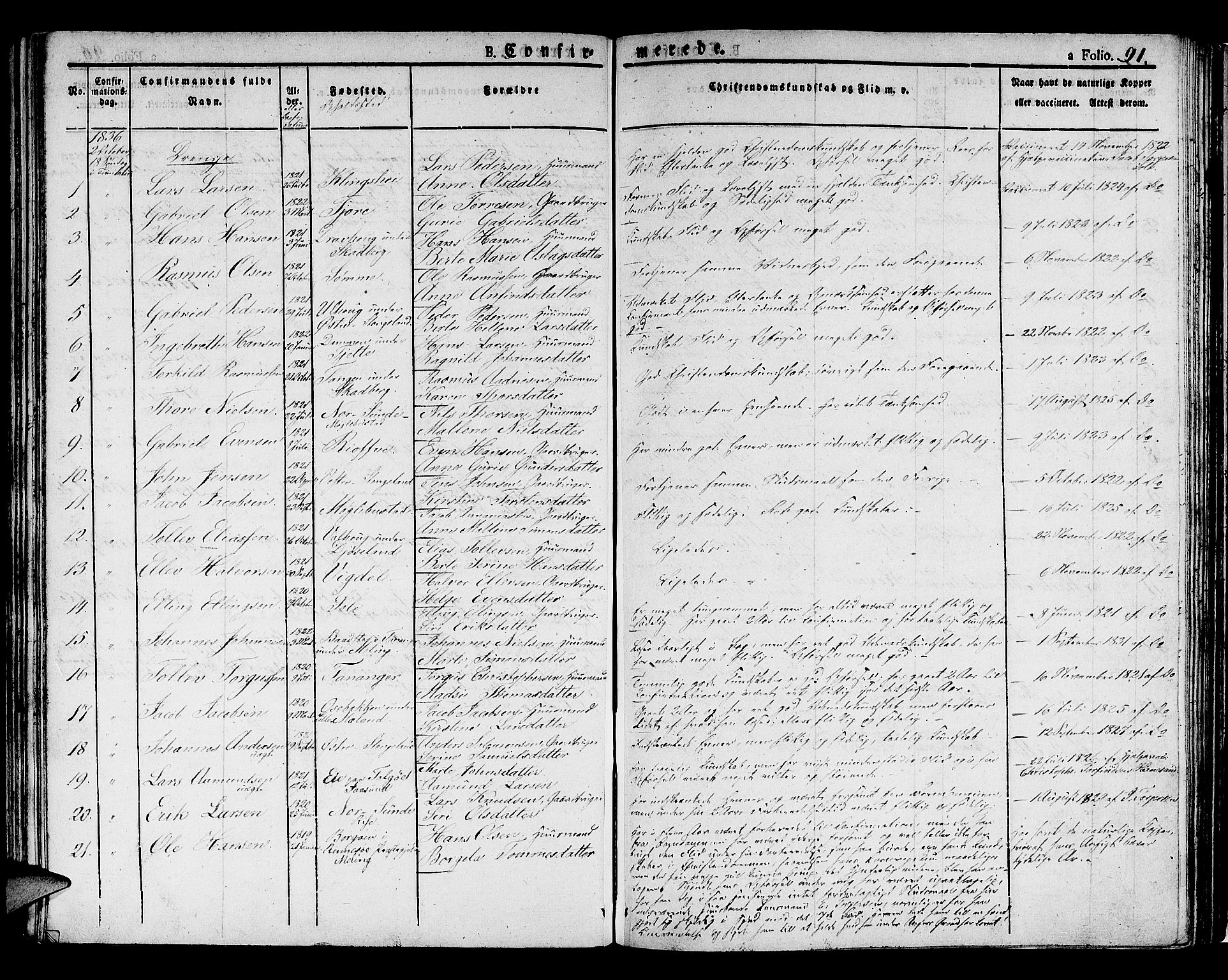Håland sokneprestkontor, SAST/A-101802/001/30BA/L0005: Parish register (official) no. A 5, 1829-1841, p. 91