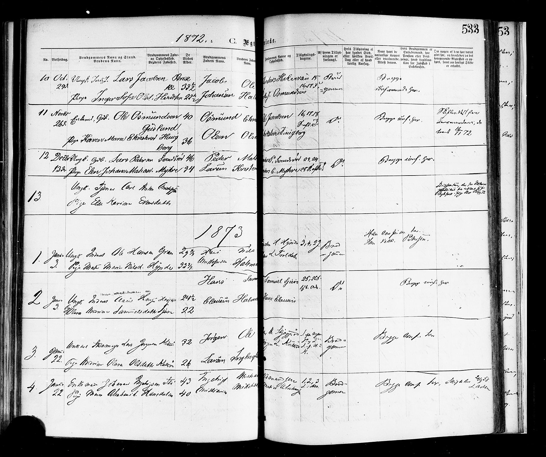 Andebu kirkebøker, SAKO/A-336/F/Fa/L0006: Parish register (official) no. 6, 1871-1878, p. 533