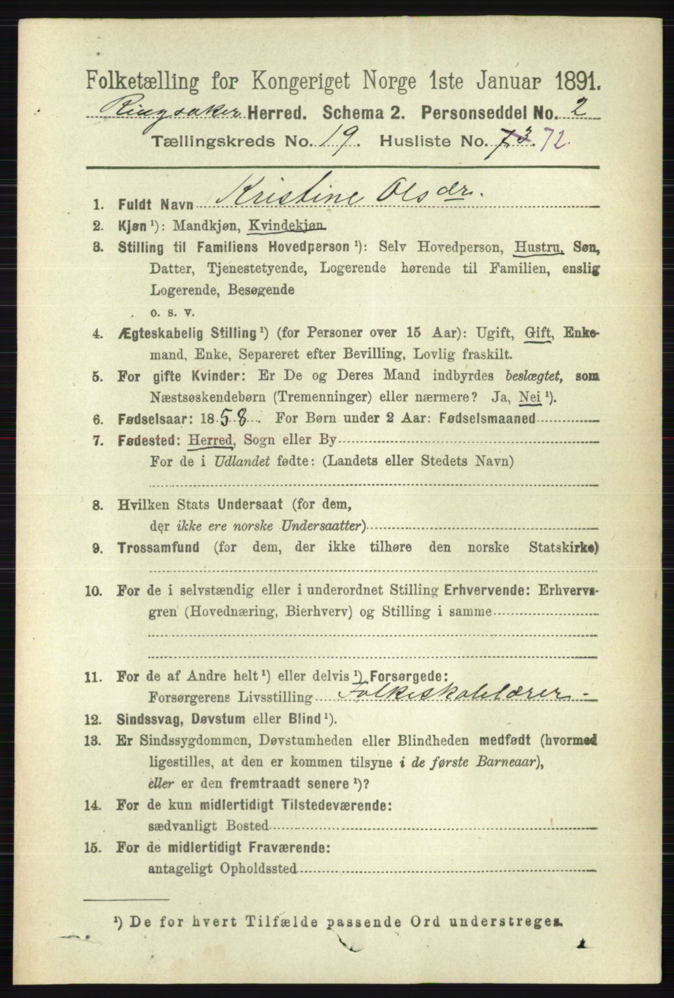 RA, 1891 census for 0412 Ringsaker, 1891, p. 11011