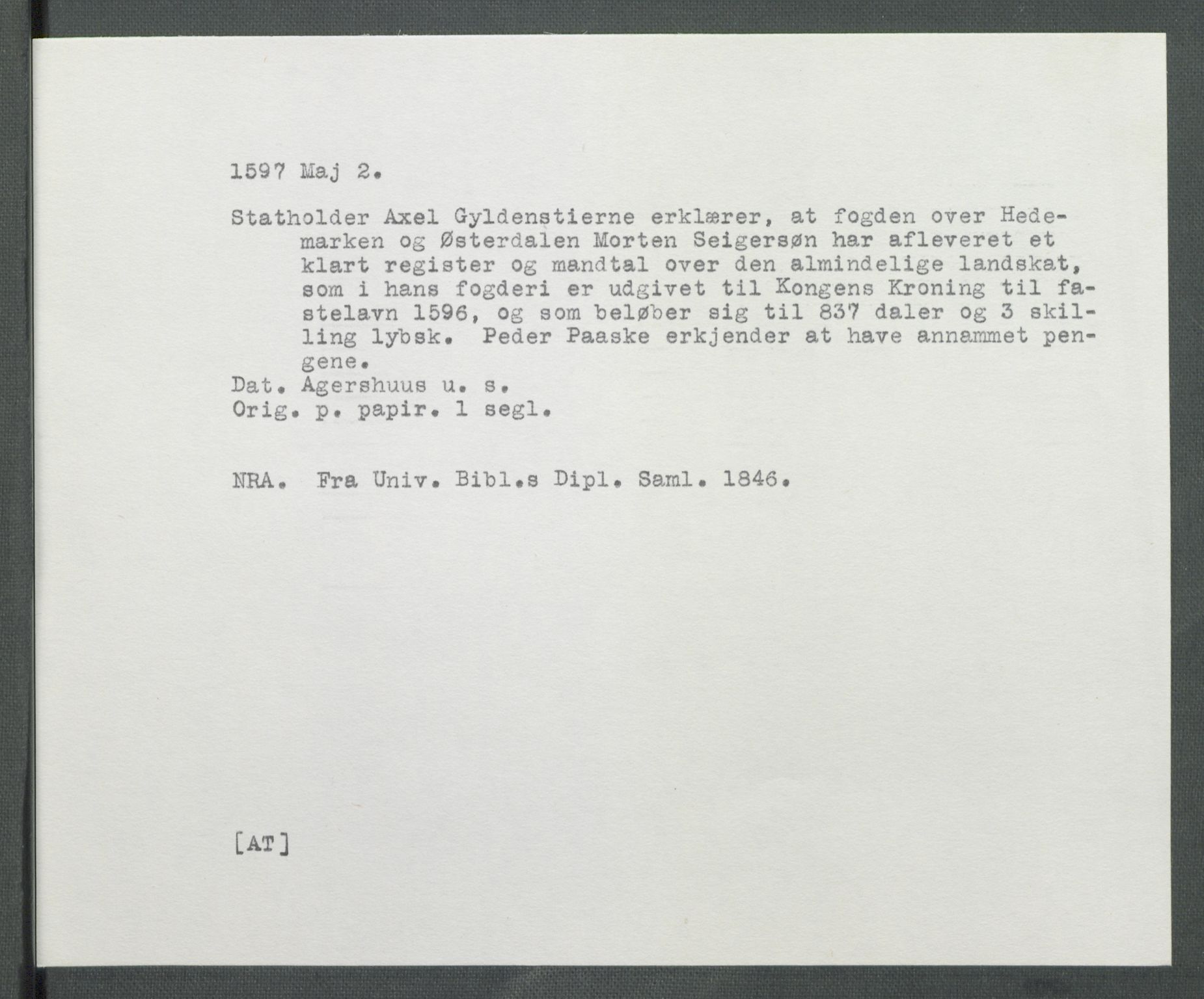Riksarkivets diplomsamling, AV/RA-EA-5965/F02/L0103: Dokumenter, 1597, p. 28